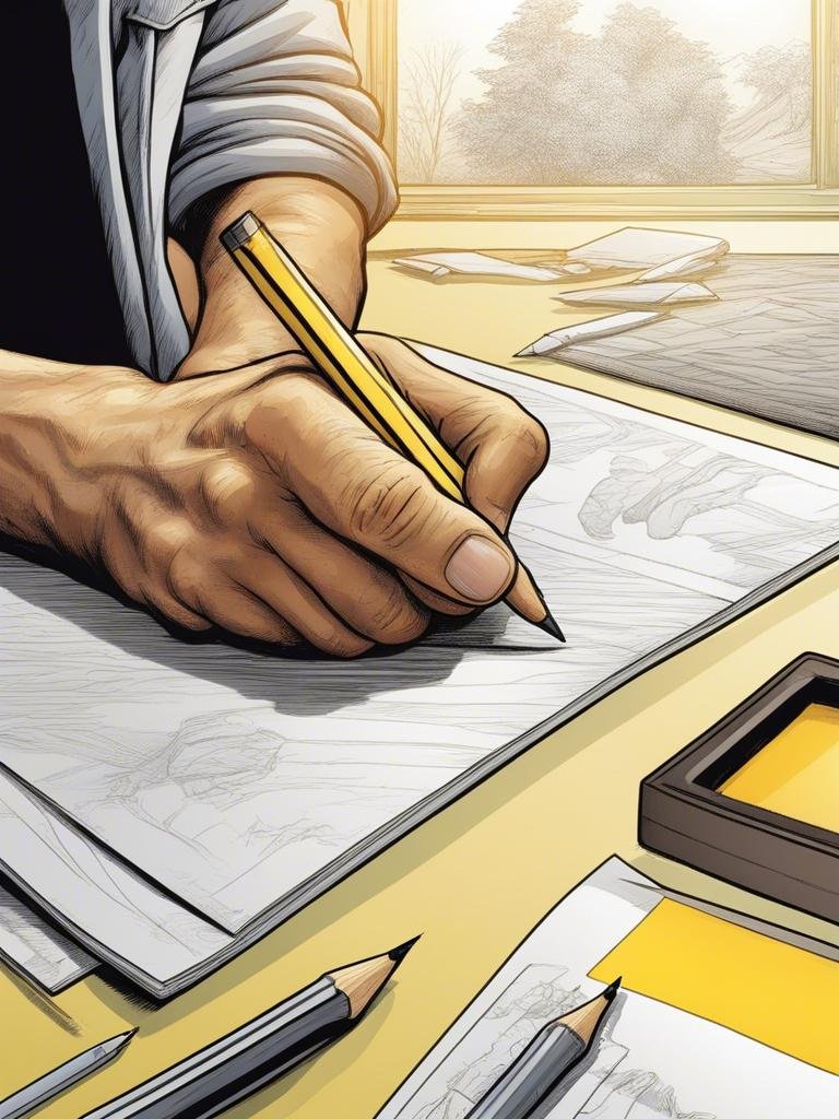 A person with a gray hoodie drawing sketches of horse figures on paper with colored pencils, sitting at a desk near a window.