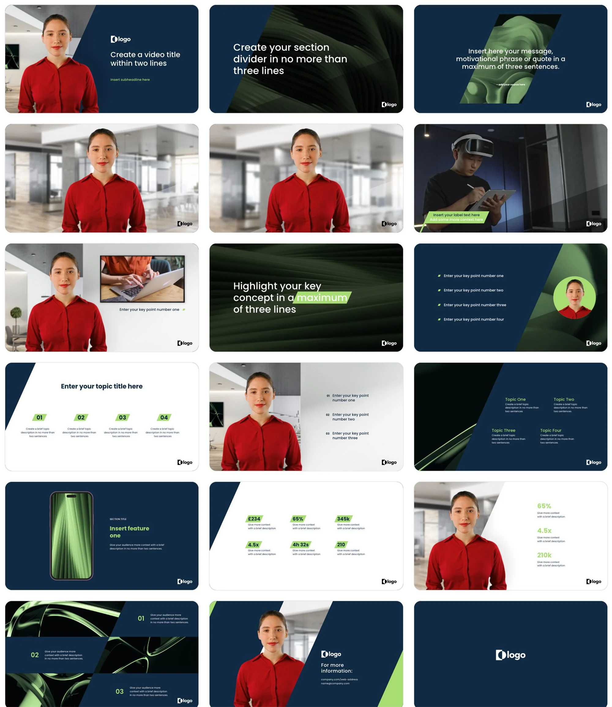 Collection of presentation slides featuring a woman in a red shirt, with slides displaying text, graphics, and placeholders for content, some including images of technology like a VR headset and smartphone.