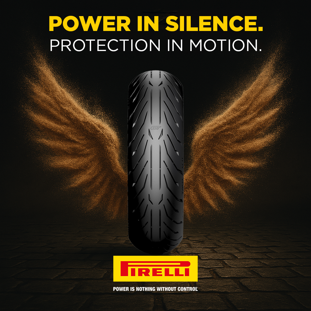 A motorcycle tire with digital wings on each side, with text 'Power in Silence. Protection in Motion.' Pirelli logo at the bottom and slogan 'Power is nothing without control'.