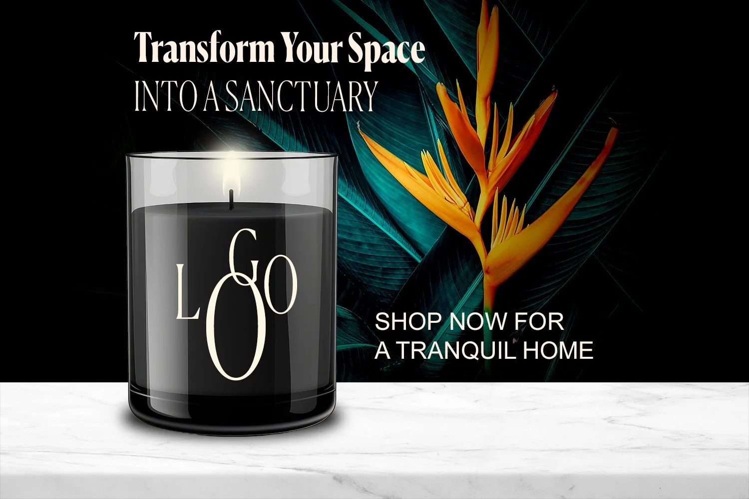 Advertisement for candles with the message 'Transform Your Space Into a Sanctuary', featuring a lit black candle labeled 'LOVE' on a white surface against a black background with tropical leaves and orange flowers, and the text 'Shop now for a tranquil home'.