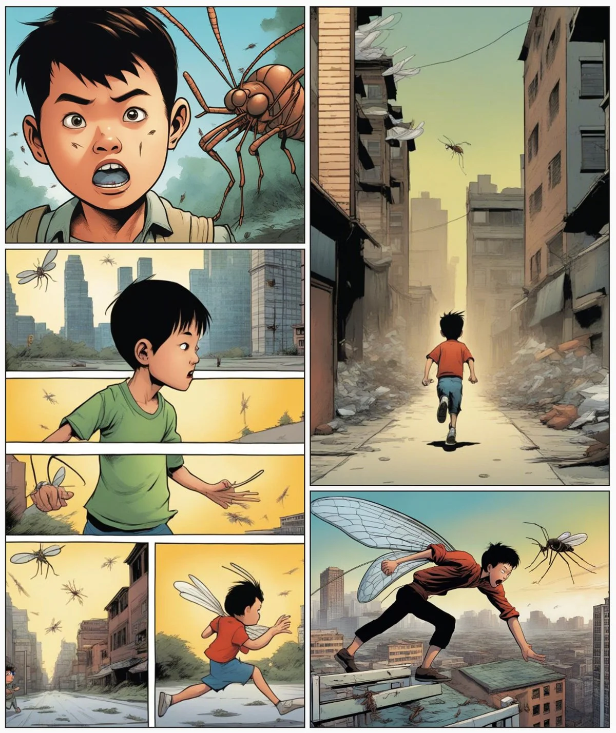 Comic strip of a young boy noticing giant mosquitoes, running through a destroyed city street, and then flying with fairy wings over the city.