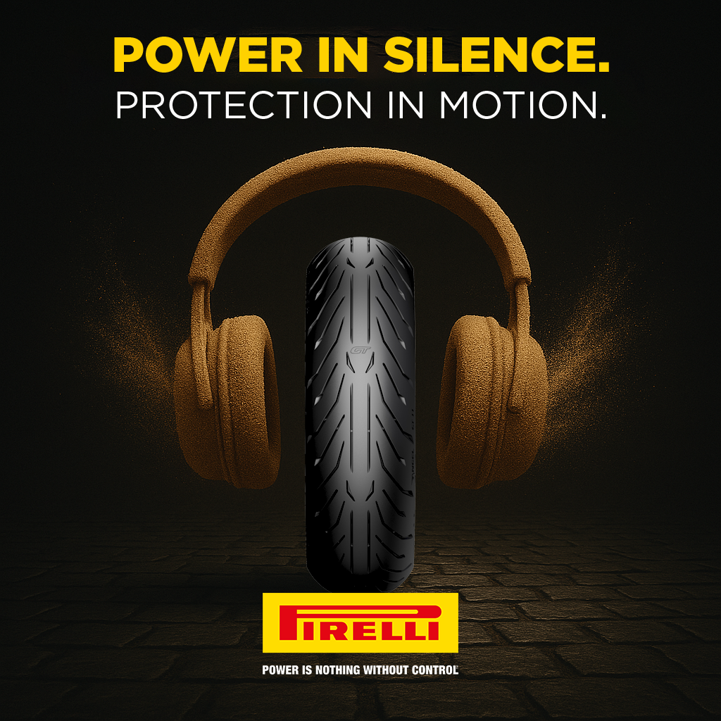 An advertisement for Pirelli tires showing a tire with headphones around it, symbolizing protection and control. The text says "Power in Silence. Protection in Motion." and at the bottom, the Pirelli logo with the slogan "Power is nothing without control."