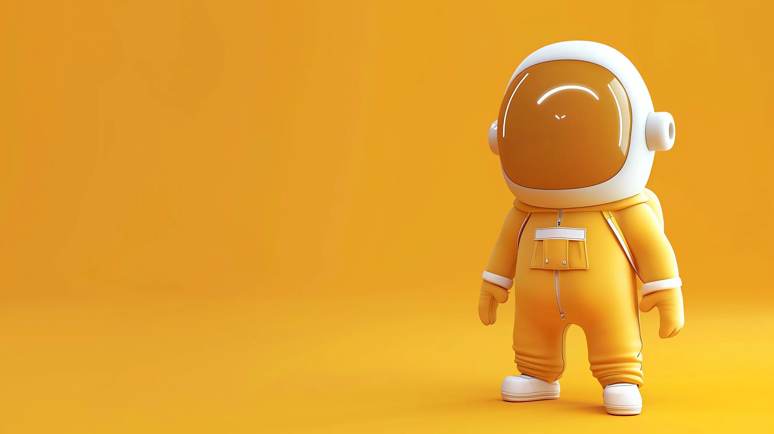 A cartoonish astronaut doll in a yellow spacesuit with a white helmet, standing against an orange background.