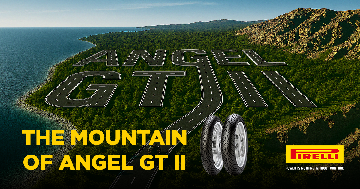 Illustration of a mountain landscape with the words 'Angel GT II' shaped as a road winding through the trees, and text 'The Mountain of Angel GT II' with Pirelli logo and slogan 'Power is nothing without control'.