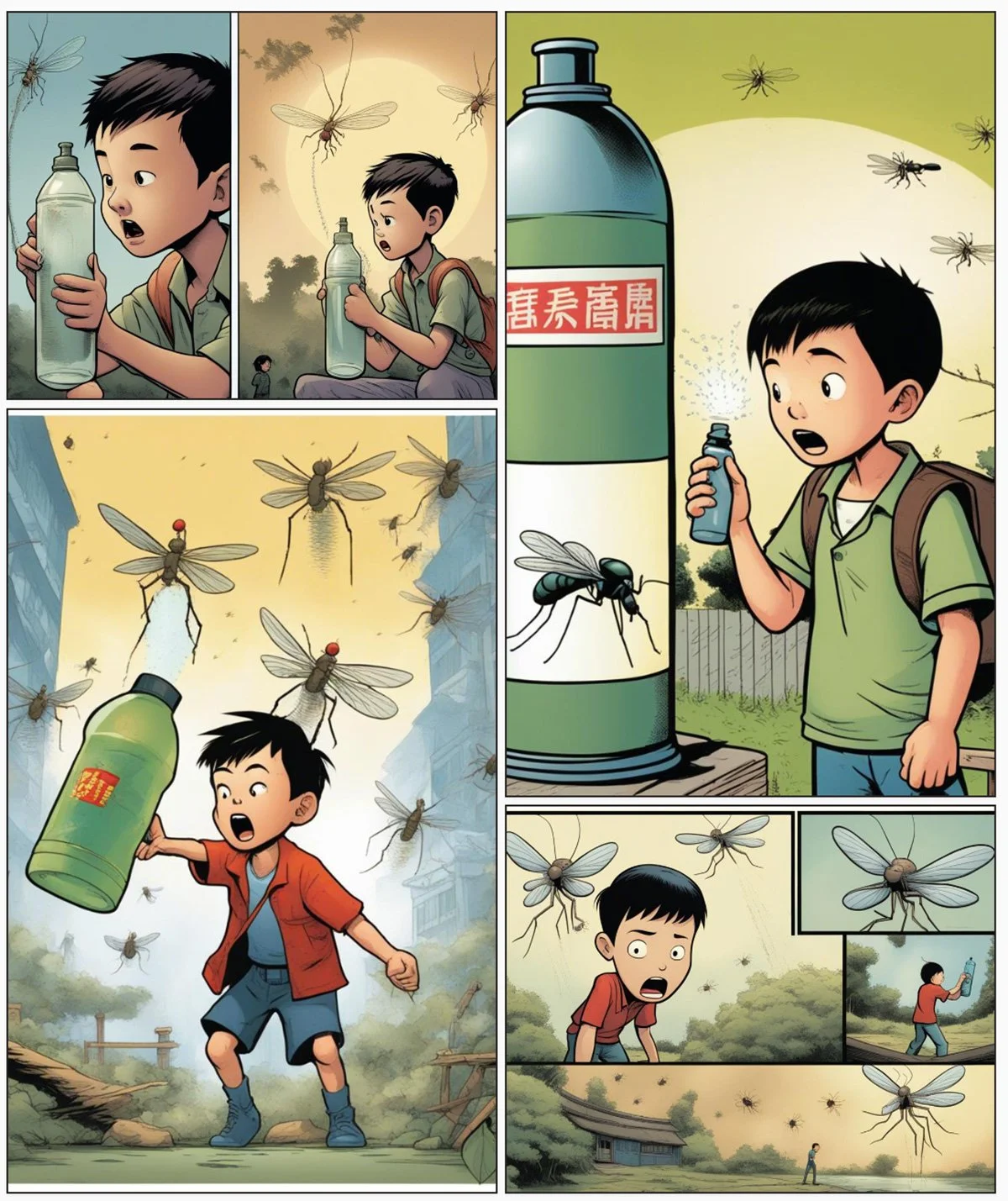 A comic strip showing a boy collecting water from a polluted water bottle, releasing a cluster of mosquitoes, and discovering that the water bottle contains mosquito larvae. The boy then looks worried as mosquitoes swarm around, indicating the water is a breeding ground for mosquitoes, likely spreading disease.