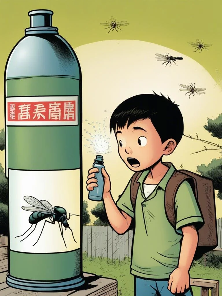 A boy with a backpack holding a bug spray bottle, reacting in shock as mosquitoes are drawn to the spray near a giant bug spray container.