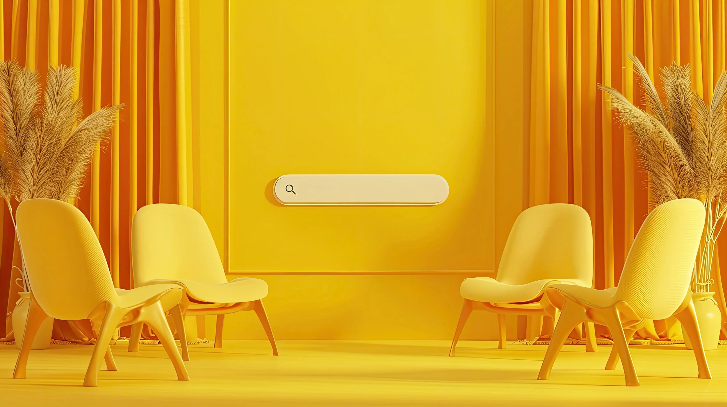 A vibrant yellow room with four yellow modern chairs, yellow curtains, decorative yellow pampas grass, and a yellow search bar on the wall.