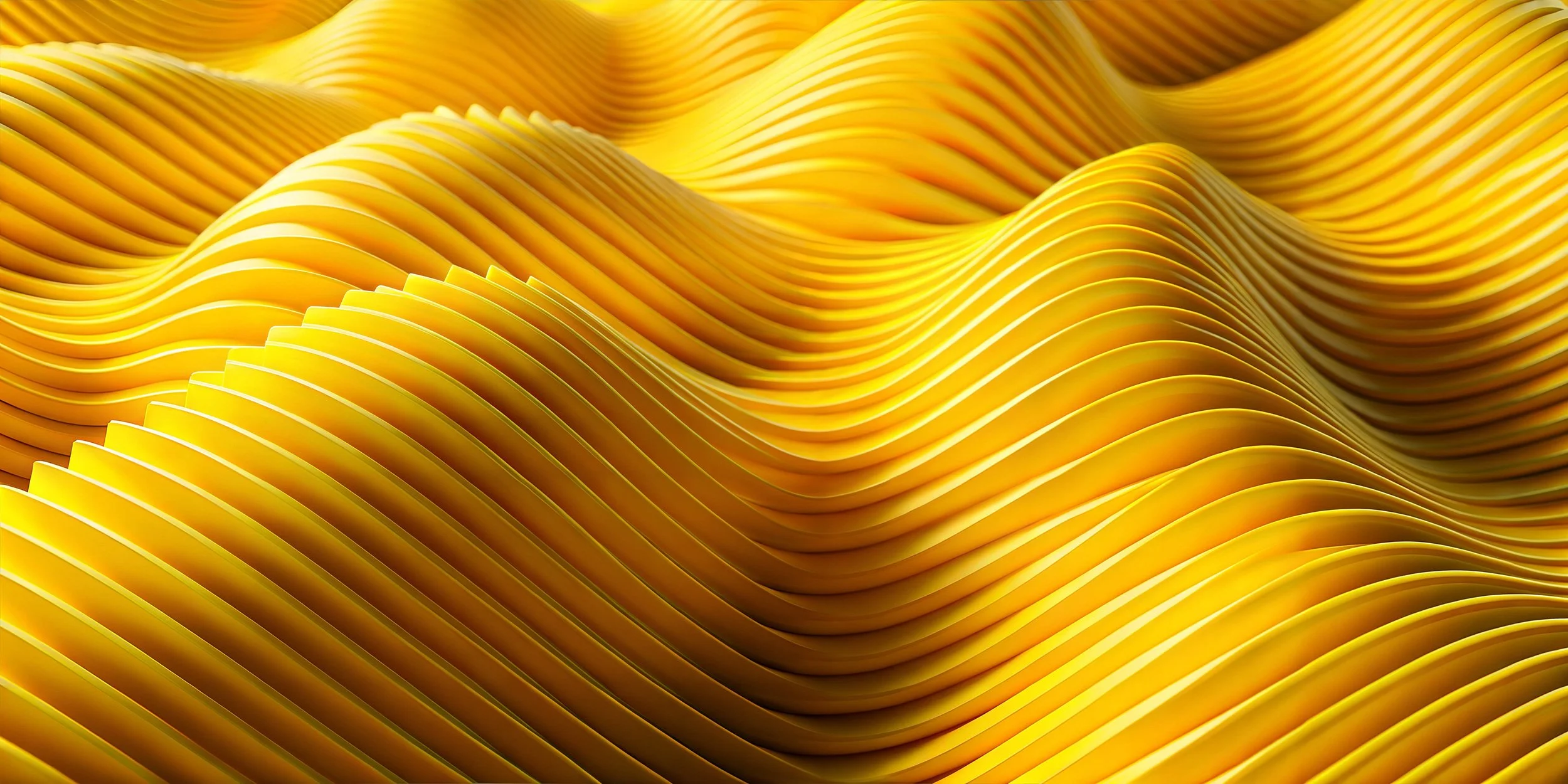 Abstract digital artwork of yellow wavy lines resembling ribbons flowing in a wave pattern.