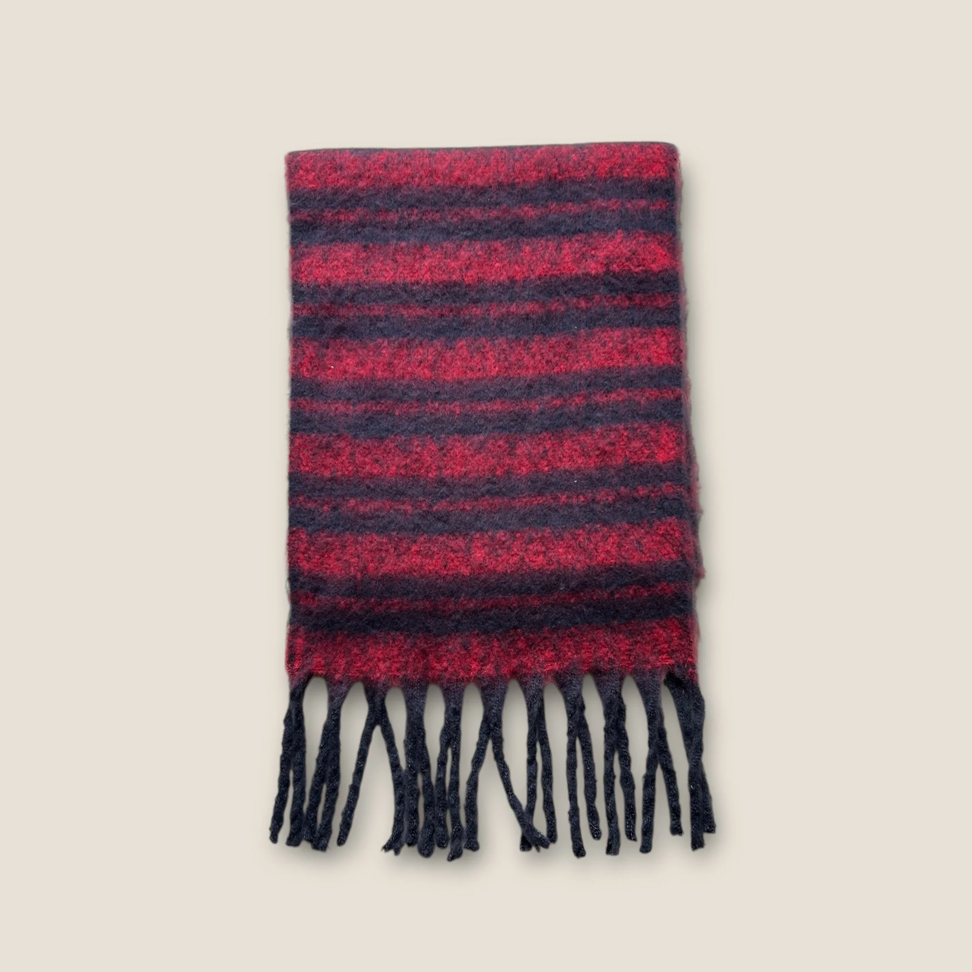 Ichi Chunky Knit Fringed Striped Scarf - One Size
