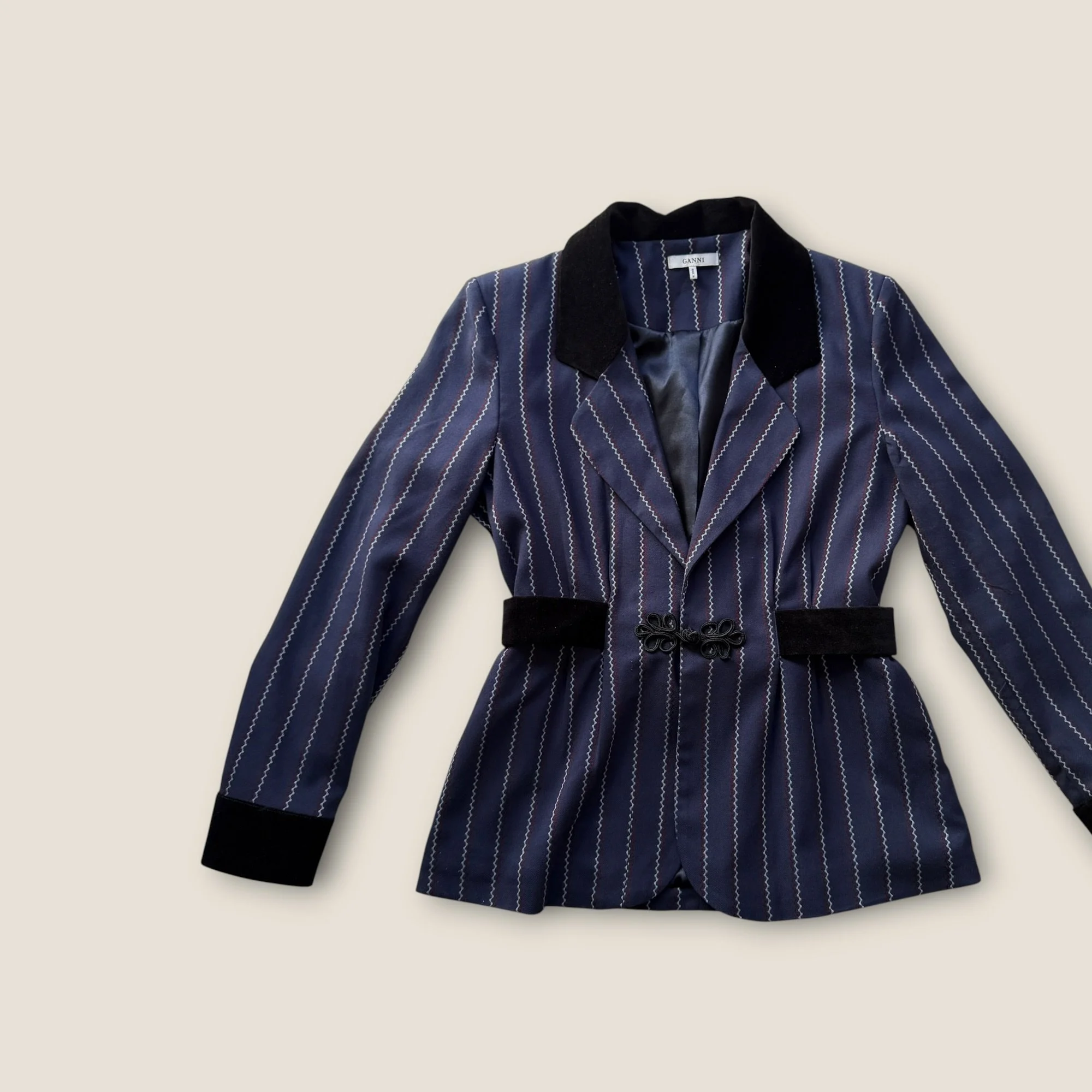 Ganni Pinstriped Belted Blazer - Size UK 8