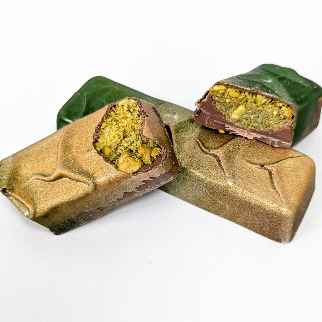 Handcrafted Dubai Style Bar by No.12 Chocolatier with a smooth Belgian milk chocolate shell, rich pistachio filling and chopped pistachios on a luxury green and gold background.