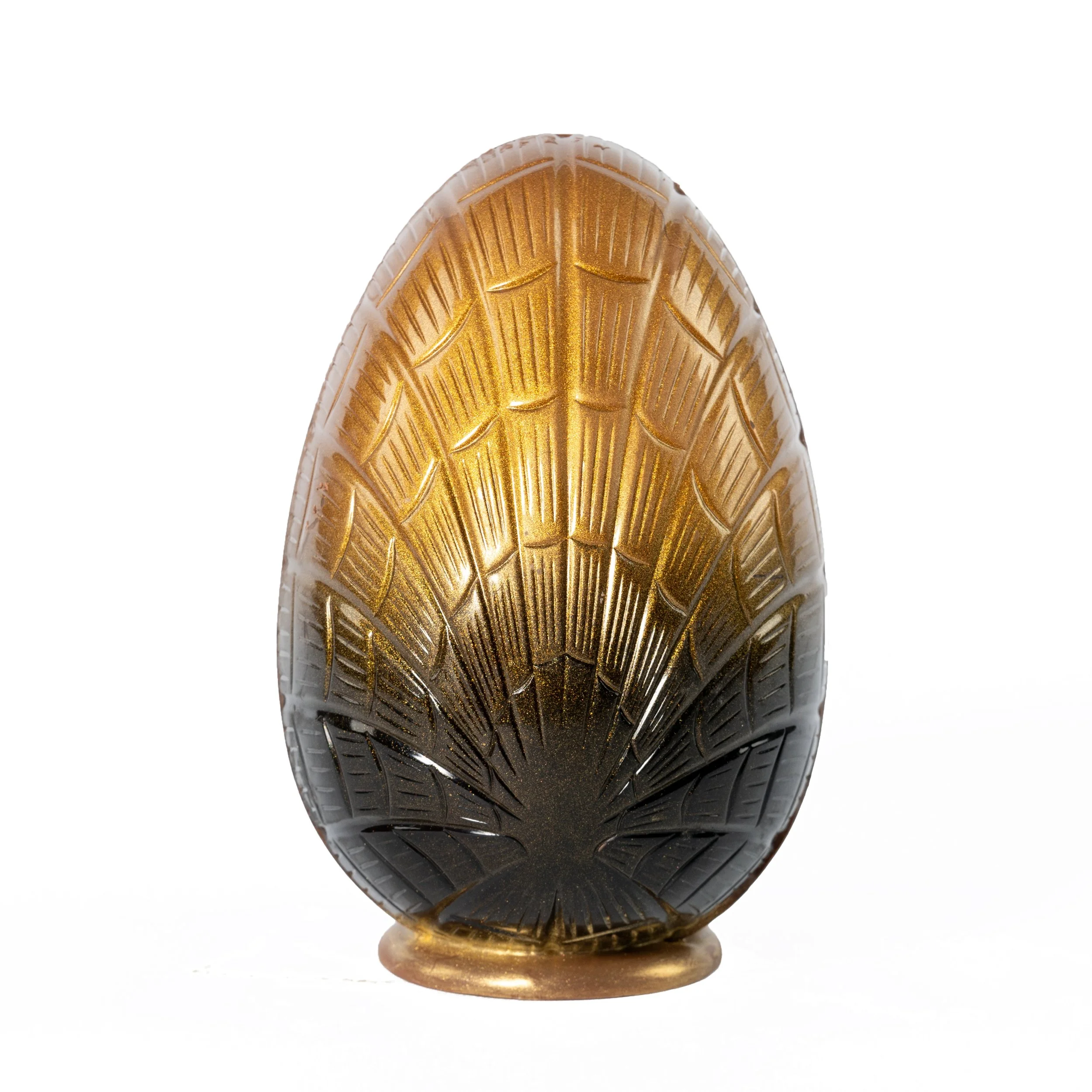 "No.12 Chocolatier 250g Belgian milk chocolate Easter egg with textured shell hand-painted in black and gold luster."