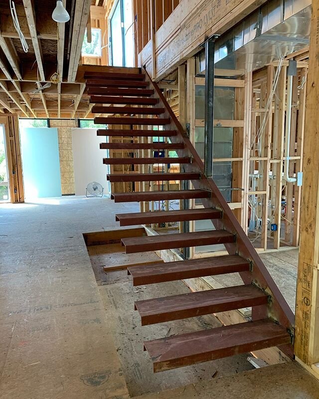 Steel work for floating stairs is installed- steps will be wrapped in European white oak treads. I will not miss climbing a ladder to get to upper level.