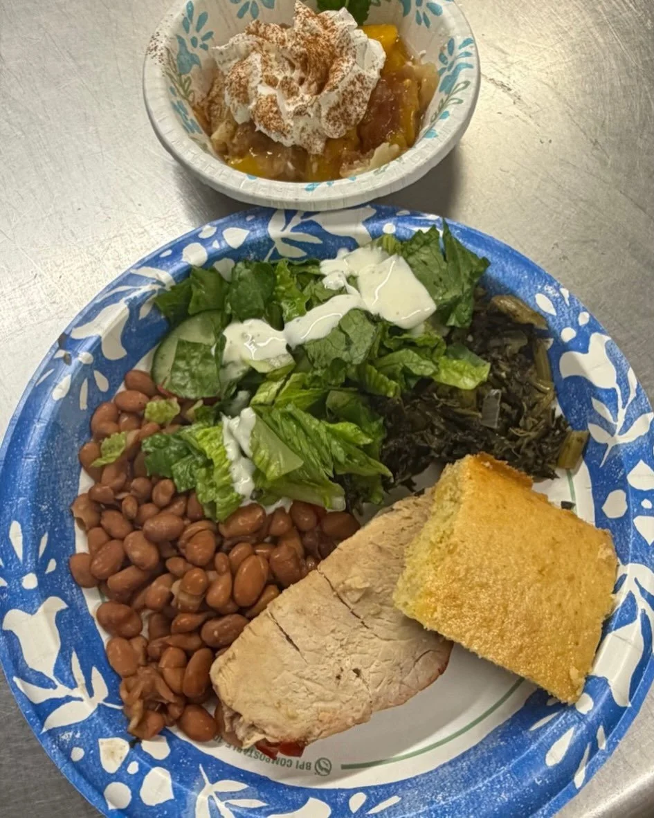 Meat and three, Luke 14:12 style!

Pork loin
Turnip greens
Pinto beans 
Garden salad
Corn bread
Peach cobbler with whipped cream 

Big thanks to Immanuel Baptist and all of our volunteers for making it happen today!