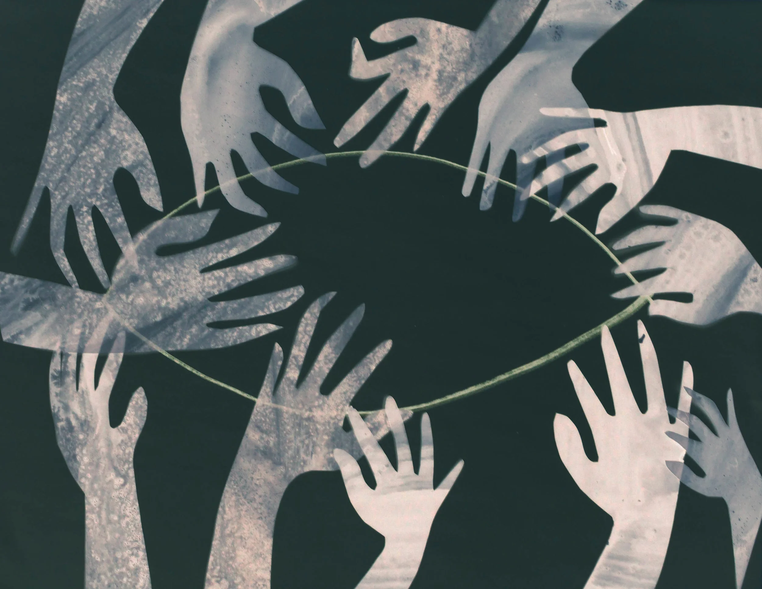 A work in progress image from my sketchbook. I laid out the cutout hands in different ways to decide on compositions.
