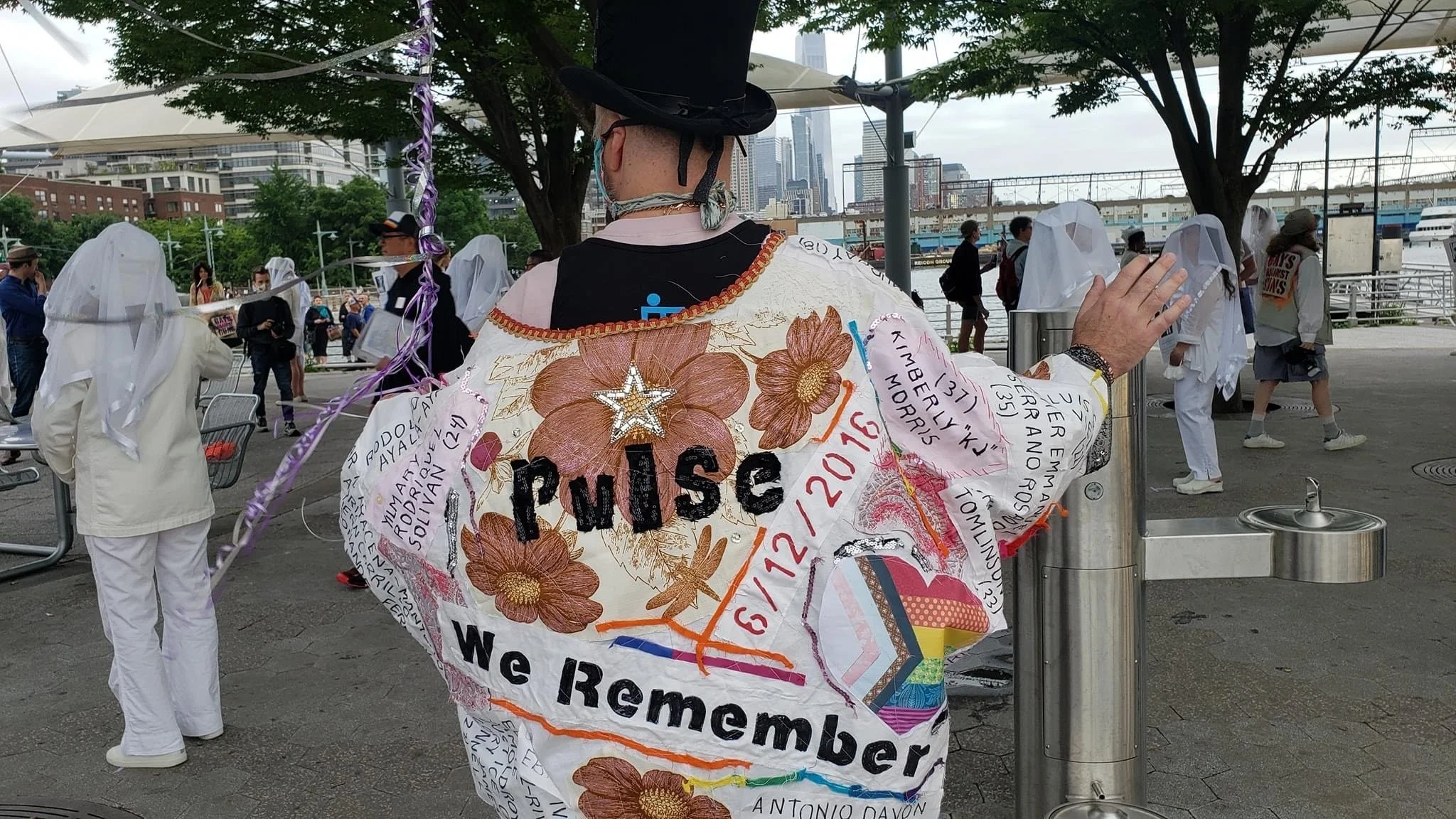 Sylvan wearing memorial garment at Pulse Vigil (Marking 5 Years) with Gays Against Guns2021