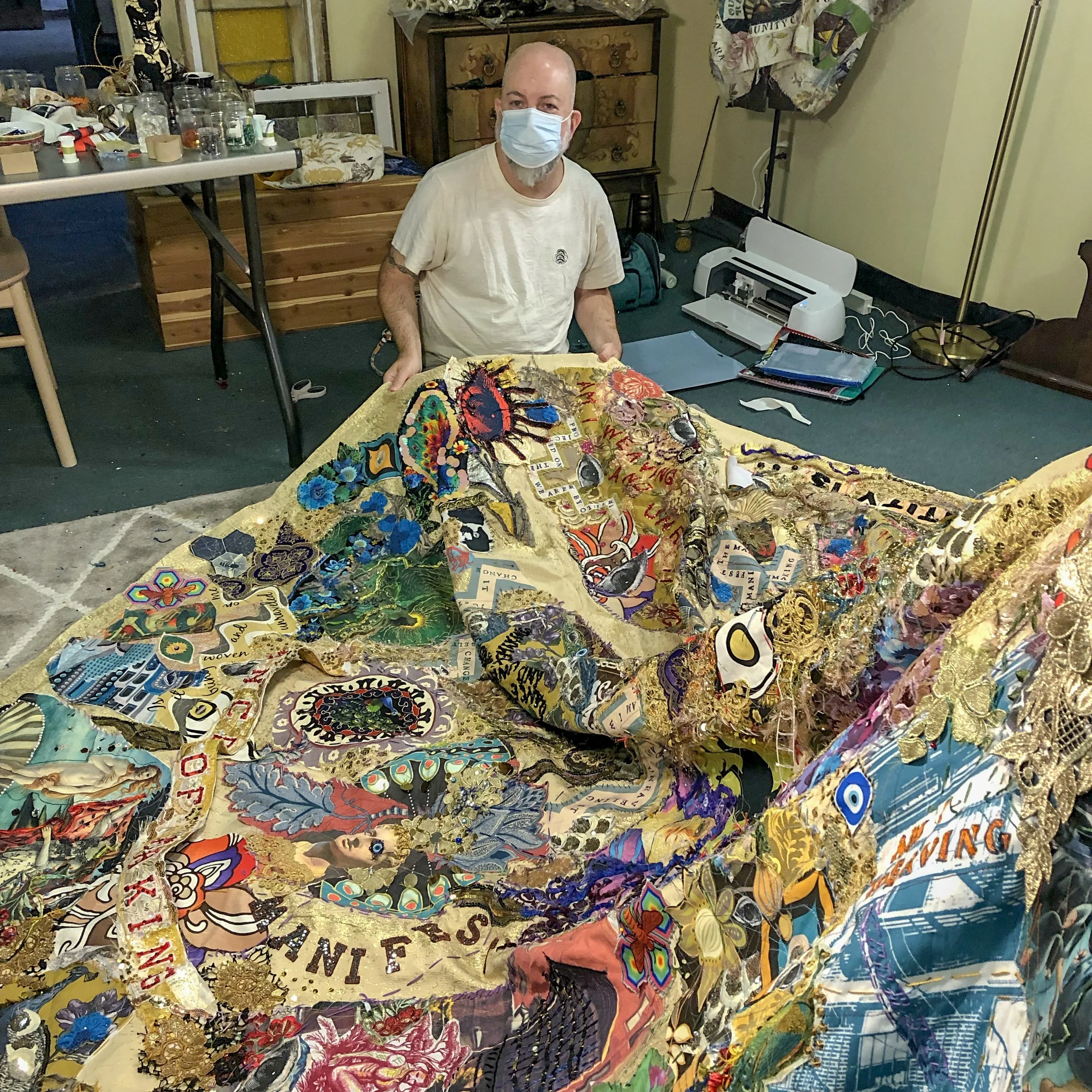 Sylvan in studio working on Jordan Roth's Met Gala 2021 garment