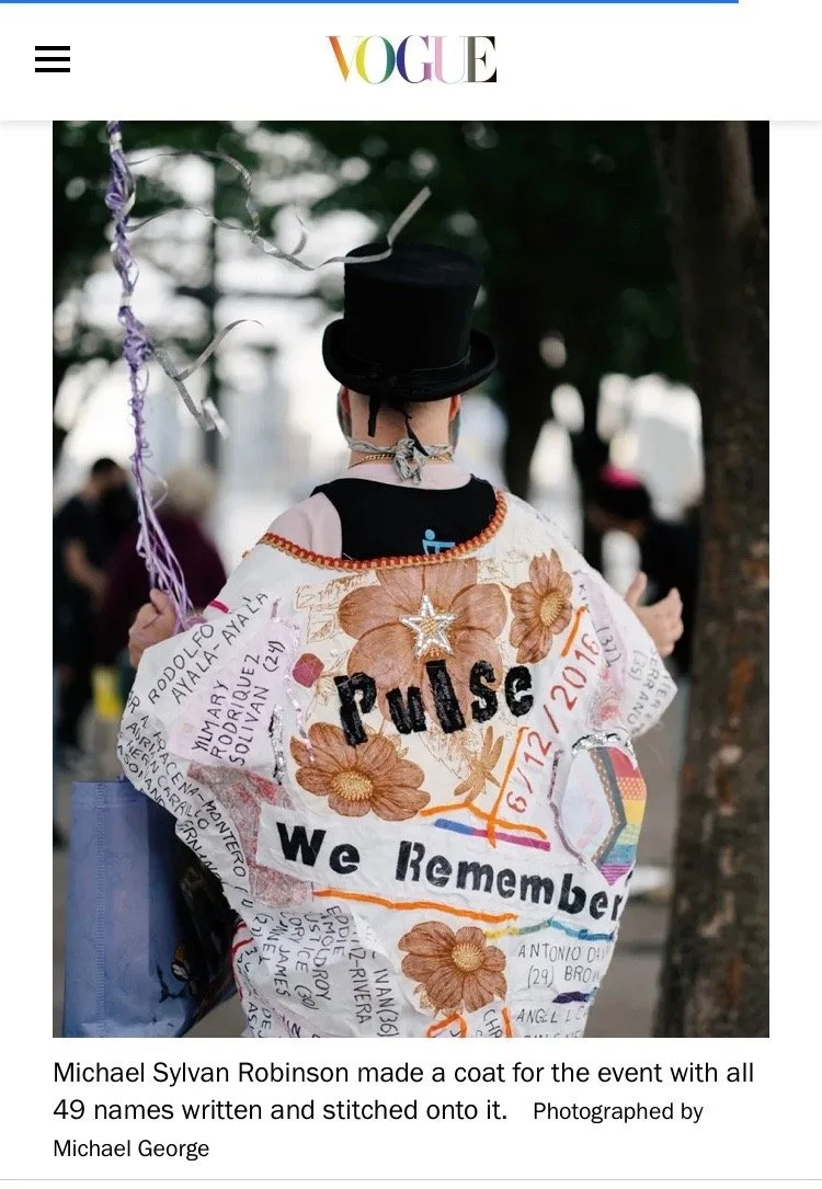 Vogue Magazine: Sylvan wearing memorial garment at Pulse Vigil (Marking 5 Years) 2021