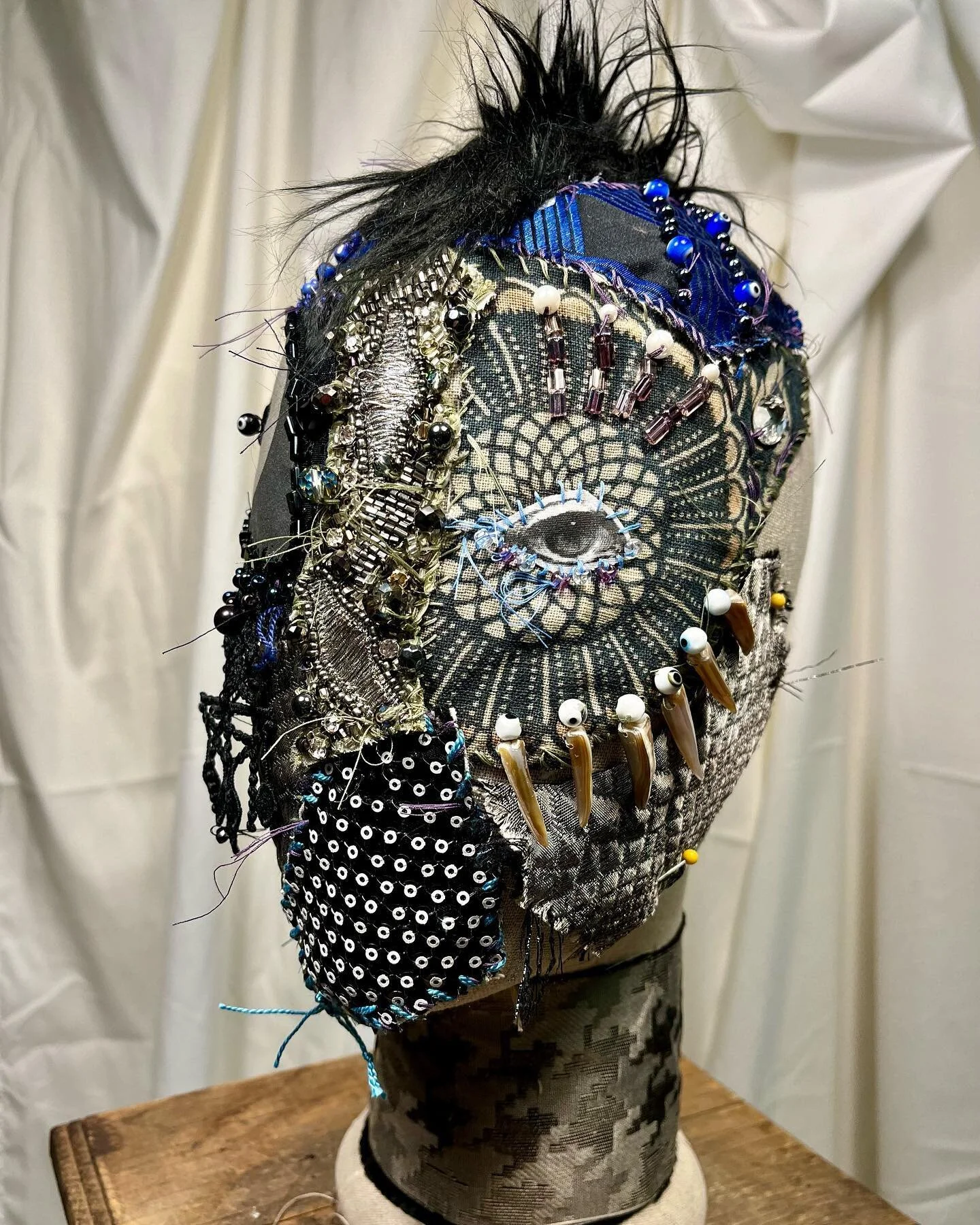 SylvanStudioView: work-in-progress (all hand stitched and beaded) on &ldquo;oracle of the dark moon&rdquo; - a new fiber art sculpture in my oracle series 🌚🗝️🧿🪡🧵🙏🧙🏻&zwj;♂️~ Sylvan  #sculpture #oracle #queerspirituality #textilecollage #fibera