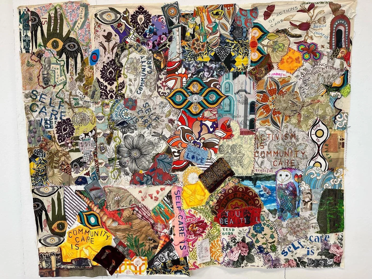 ViewFromHere: full view of &ldquo;Self Care Is Community Care Is&rdquo; a large textile collage started last spring in a collaborative workshop session led by Michael Sylvan Robinson &lsquo;89 and Luciana Figliulo &lsquo;24; this large wall piece was