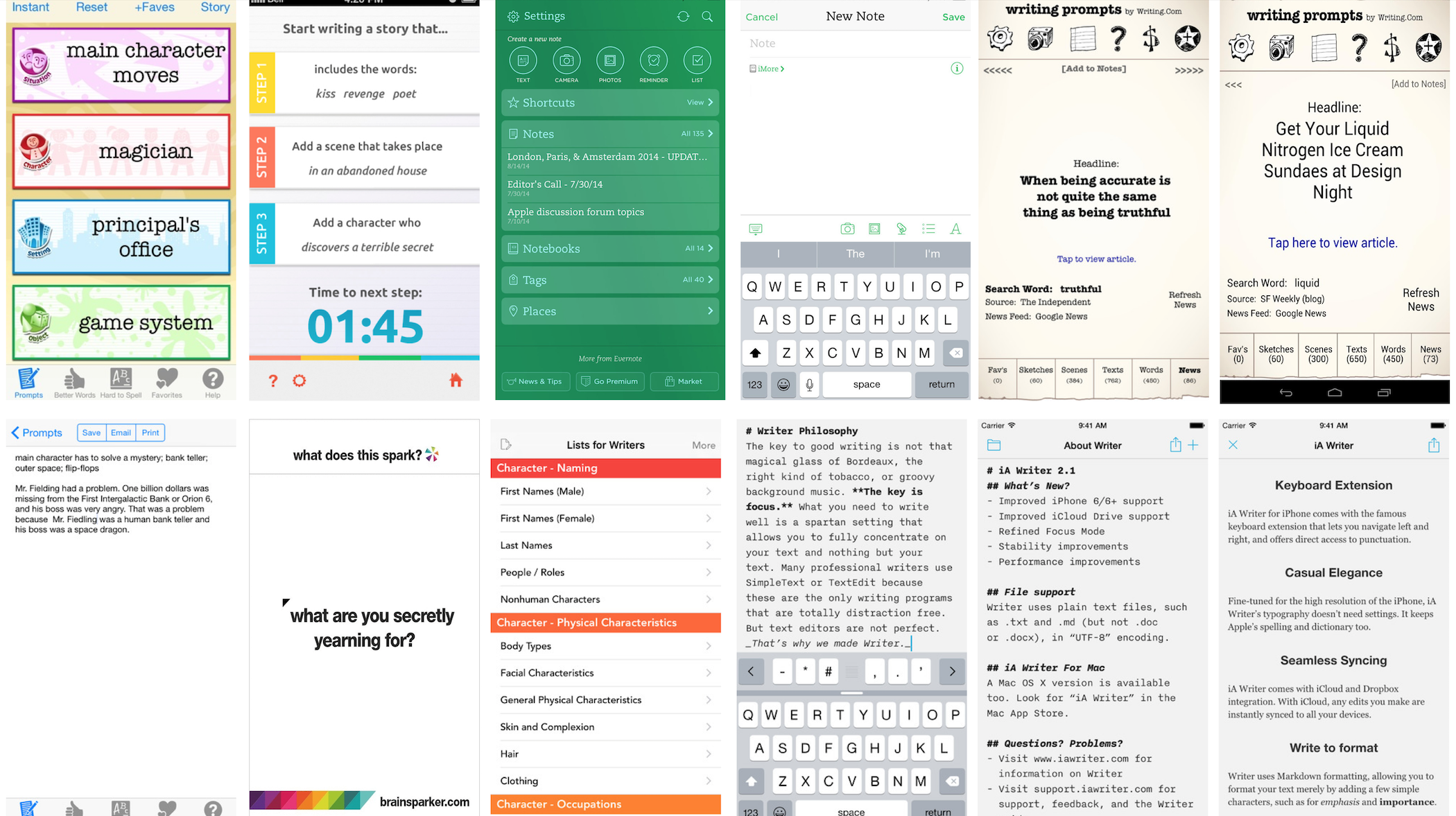 The market of writing apps at the time consisted primarily of two types of helpful writing apps: 1. Well-designed apps built for powerful writing, such as Evernote and iA Writer, and 2. Apps dedicated to inspiring writers. I wondered what it might be like to have an app that combines powerful, habit-encouraging features alongside built-in inspiration. What might it look like to have a writing app that not only offered you ideas on what to write about, but that offered encouragement and inspiration as you write . I envisioned an app that could suggest ideas for you any time you felt stuck. Like always having a writing buddy nearby to ask for a little boost when you run up against writer’s block. Talking to writers—both on my team and through online communities—I came to believe the idea of a writing tool with built-in prompts might be beneficial; I knew even if the idea was a flop widely, it could be something my team and I could at least use. So I began sketching concepts, talking about possibilities with fellow writers, and putting a few rough concepts together in code.