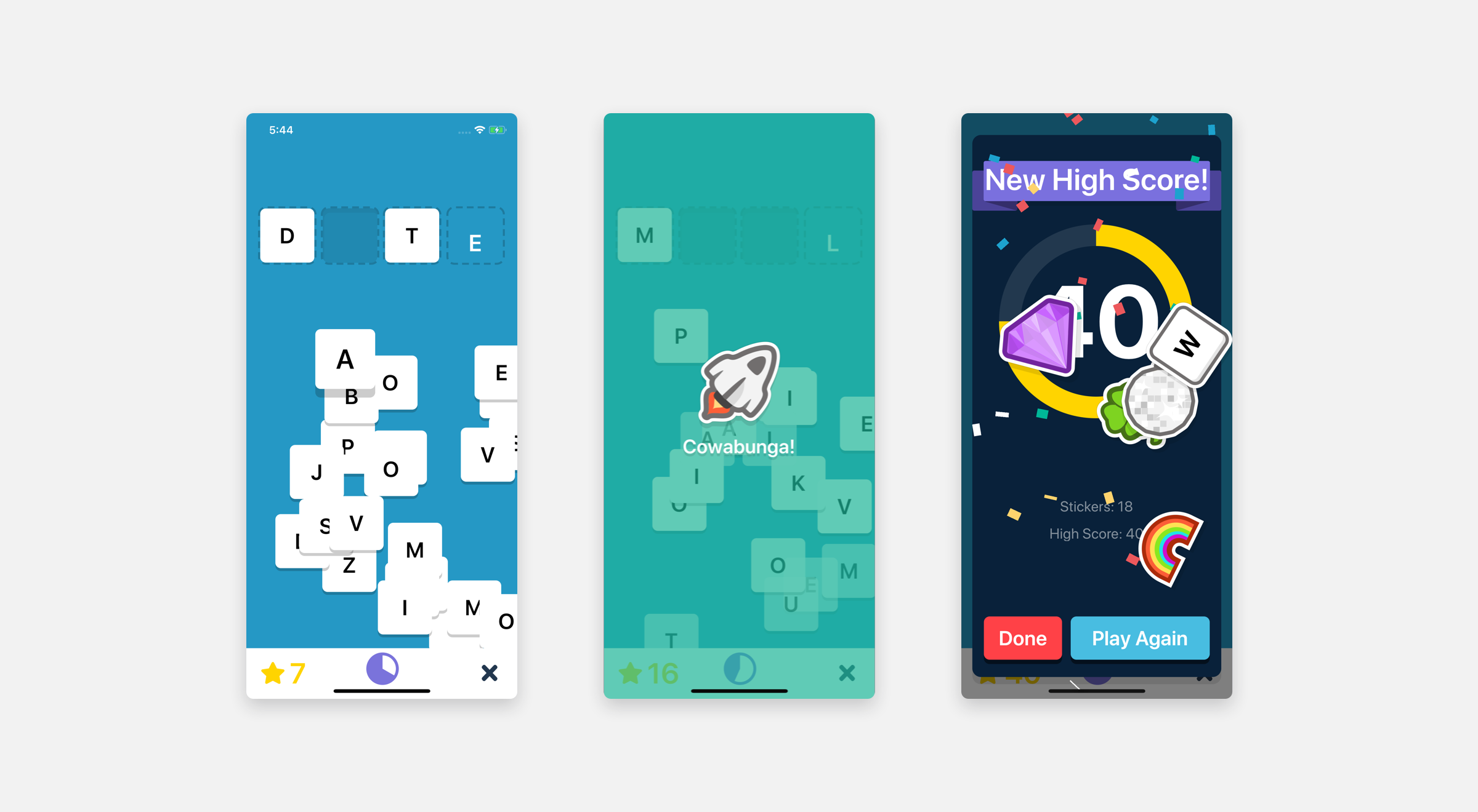 I wanted to try and build a very straight-forward game while keeping it captivating for audiences of all ages. The bouncing animation of the sticker reward for each word you get, the splash of confetti that sprinkles down from the top of the screen at the end of a match, and the way the app reacts to you when you perform better than previously are all examples of detail I wanted to create for the interaction design of the game.