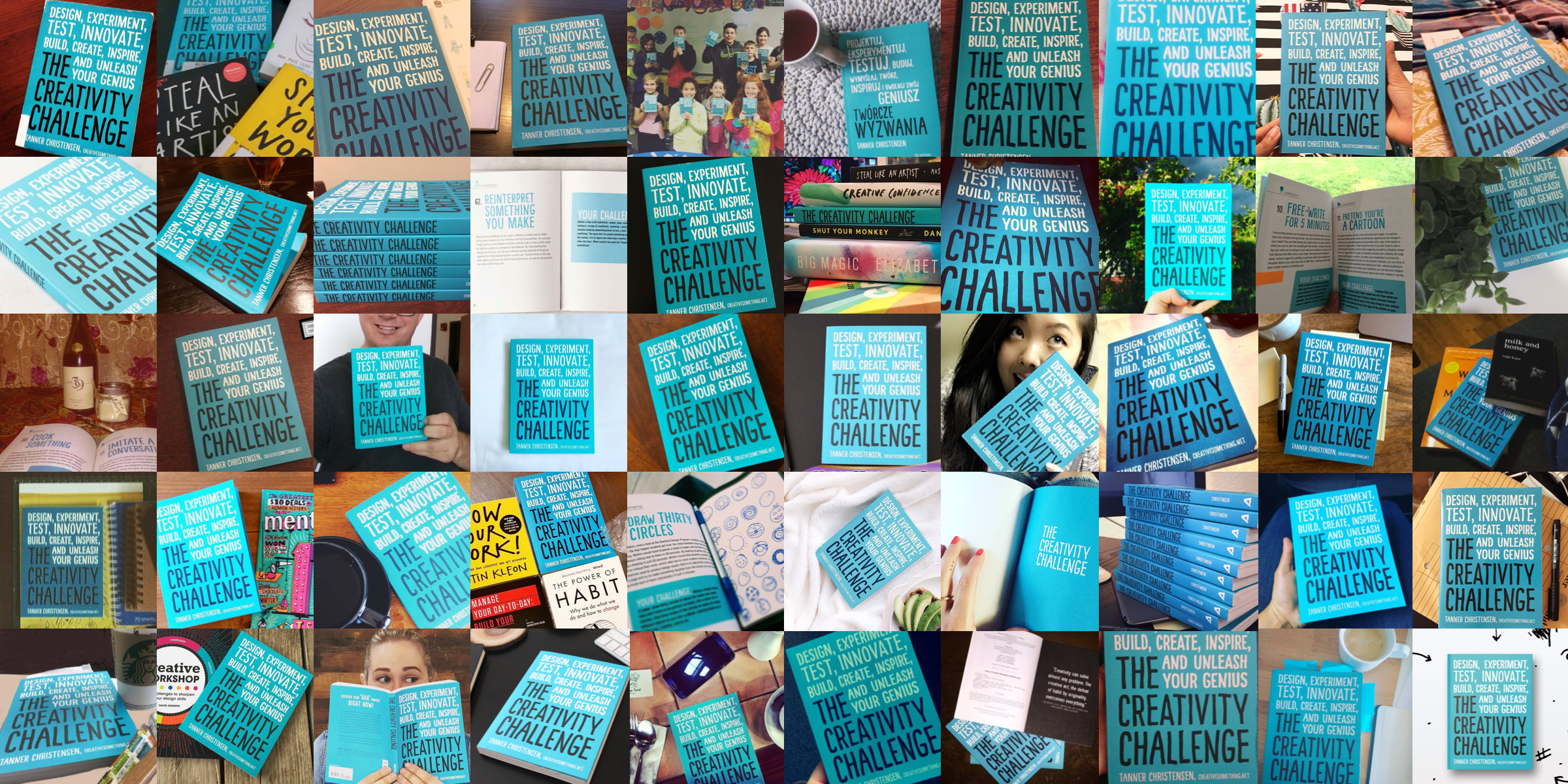People all over the world have shared their experience with, and exciting over, The Creativity Challenge on Instagram, Twitter, Facebook, and YouTube. The book is simple in concept: it breaks various types of activities or work into five categories of thinking: divergent, convergent, lateral, aesthetic, and emergent. Then tasks readers with flipping to a random page in order to complete the task and provoke a different way of thinking.