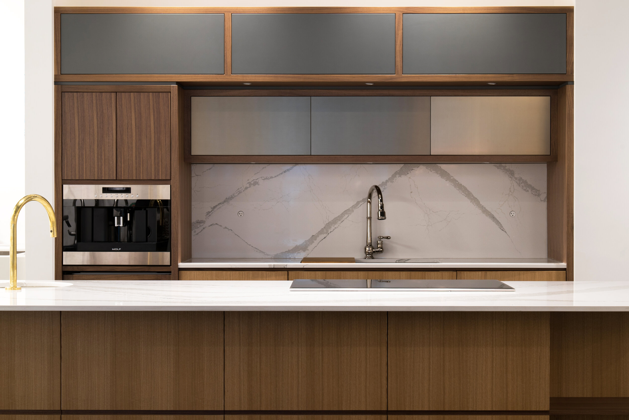 Jamie Banfield Design, millwork, kitchen, wood, island, quartz,countertop, 3:4%22 cambrai, vancuvoer, interior design, wolf, coffeemaker, built in, brass, stone backsplash, grey cabients.jpg