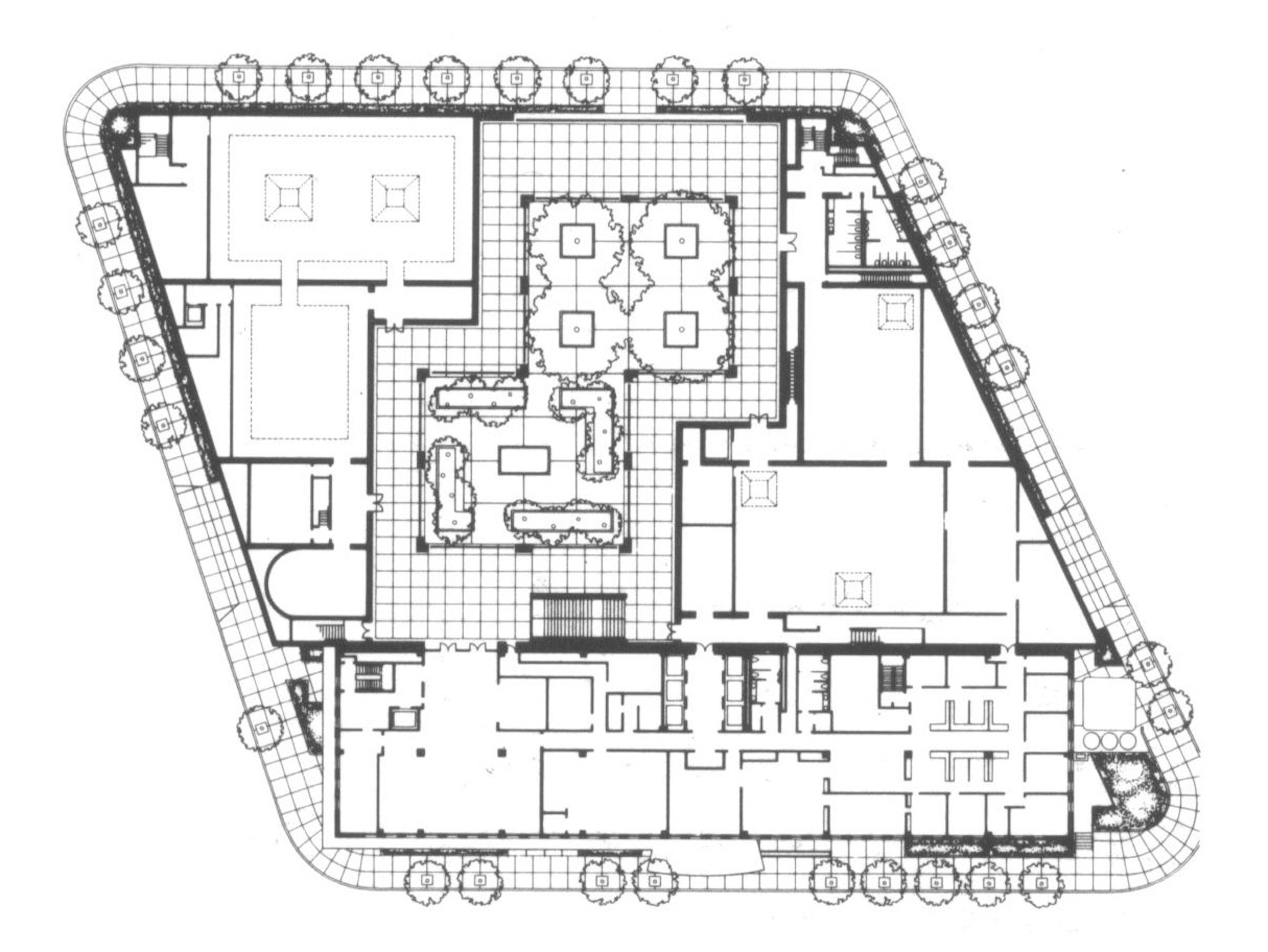 Cultural Center Plan includes an arcade, galleries, auditorium and library surrounding a courtyard which has an archway view of the city.