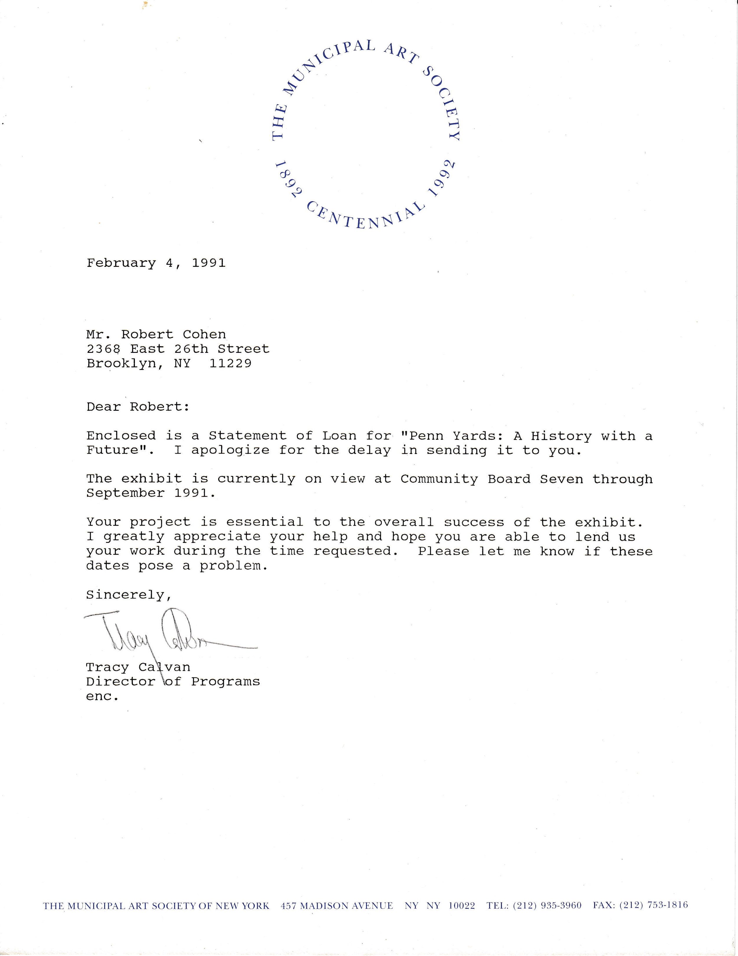 Letter from Municipal Art Society