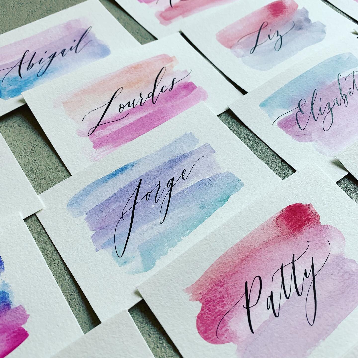 find your name and color.⁣
⁣
⁣
⁣
⁣
⁣
⁣
⁣
⁣
#watercolor #calligraphy #tablesetting #eventseating #namecards #placecards #weddingseating #calligrapher #letteringart #moderncalligraphy #modernlettering #modernwedding #handlettered #handlettering #seatin