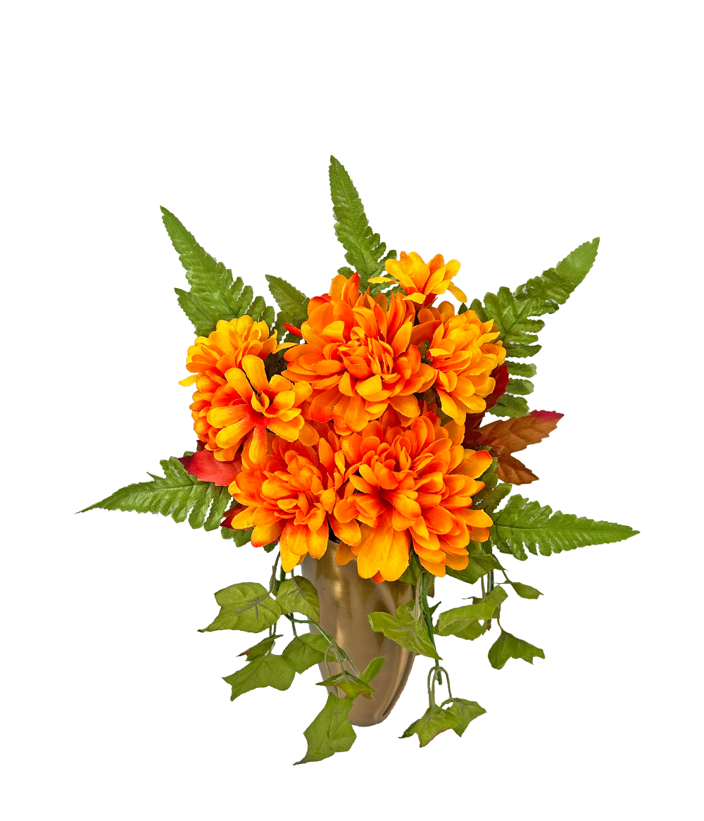 Fall Cemetery Flower Saddle For Grave - Artificial Orange Red Sunflower Dahlia Headstone Decor, 24.4" L, Weather Resistant