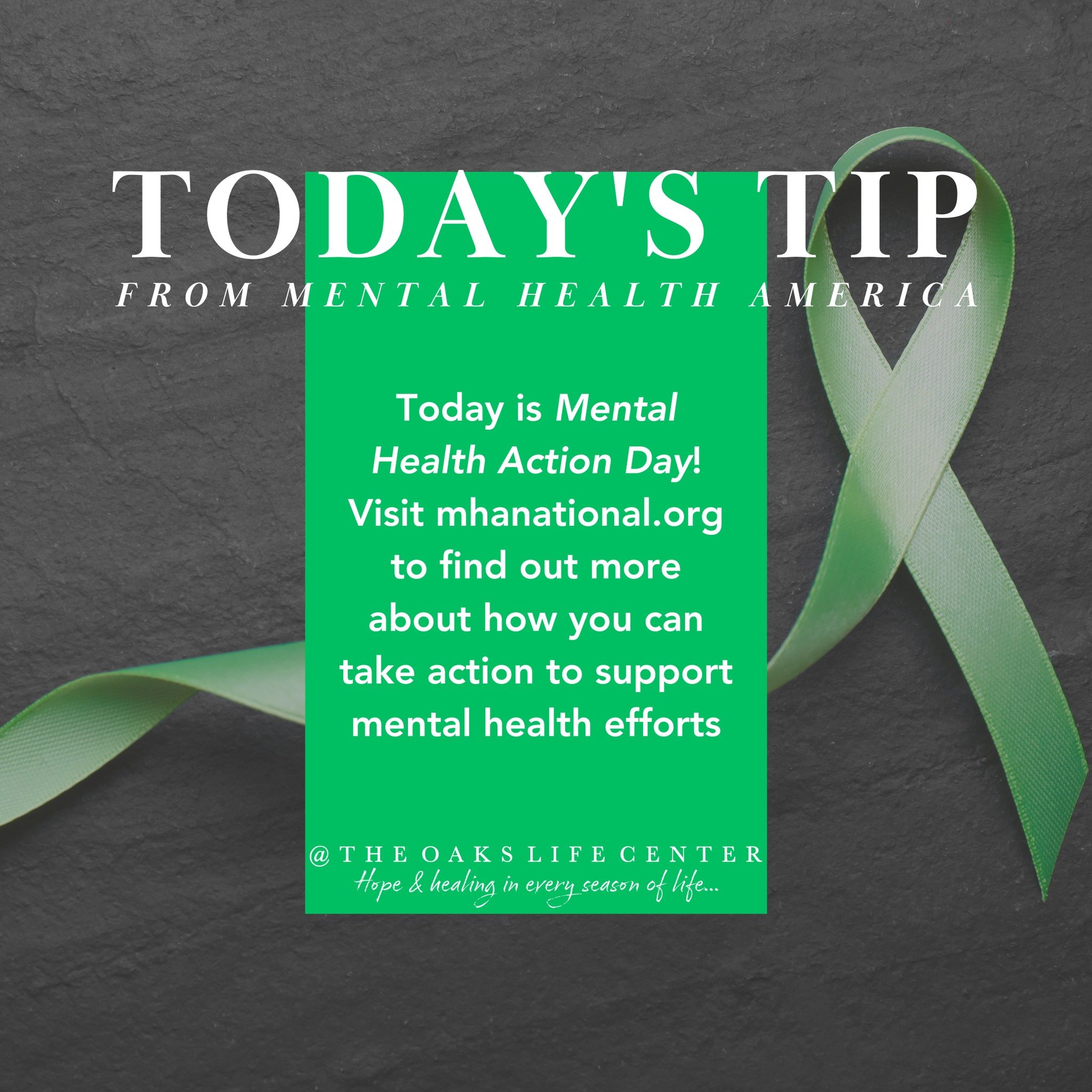 Mental Health Wellness Tip of the Day in May: Today is Mental Health Action Day! Visit mhanational.org to find out more about how you can take action to support mental health efforts. 💪❗️💚 #TurnAwarenessIntoAction #MayIsMentalHealthMonth 

If you n