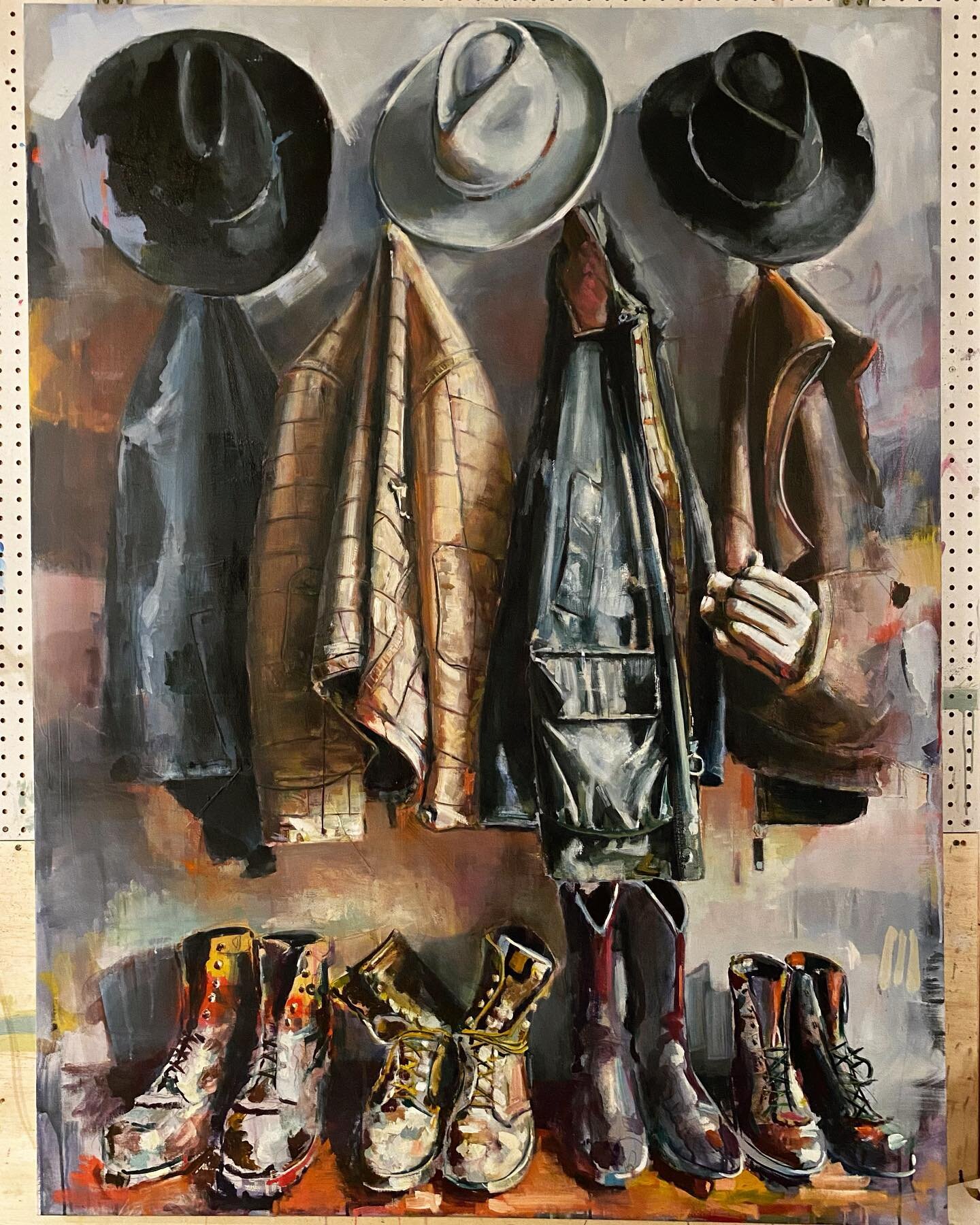Still images of ReadyRoom - oil on canvas with collage.  This piece will be on view with the rest of the Miners series next month. Details to follow 🤘 stay tuned. 
.
.
.
.
.
#tuckereason #artshow #artgallery #artstudio #aspen #stetson #dannerboots #