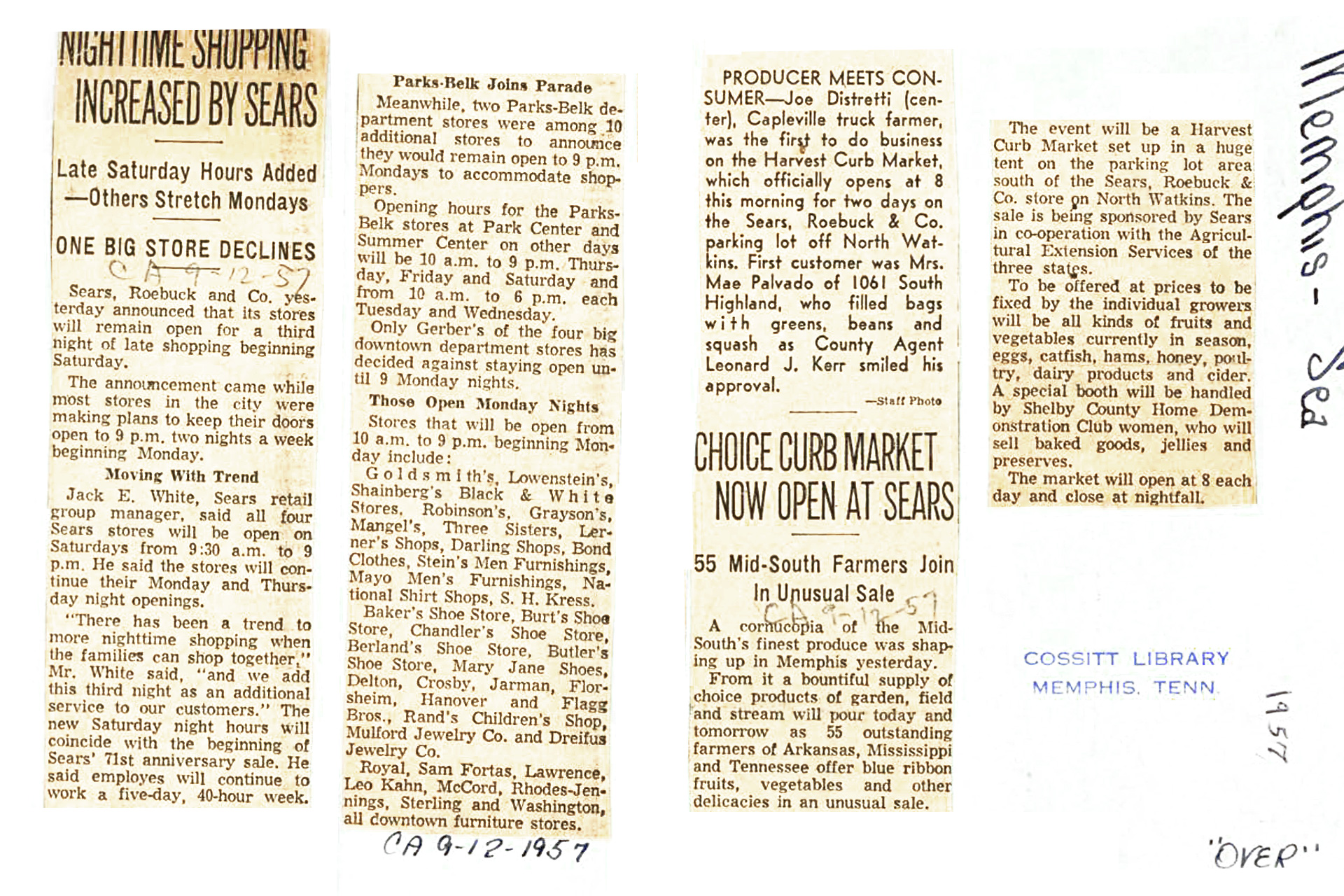 Articles from the Commercial Appeal on September 12th, 1957 about the Curb Market.