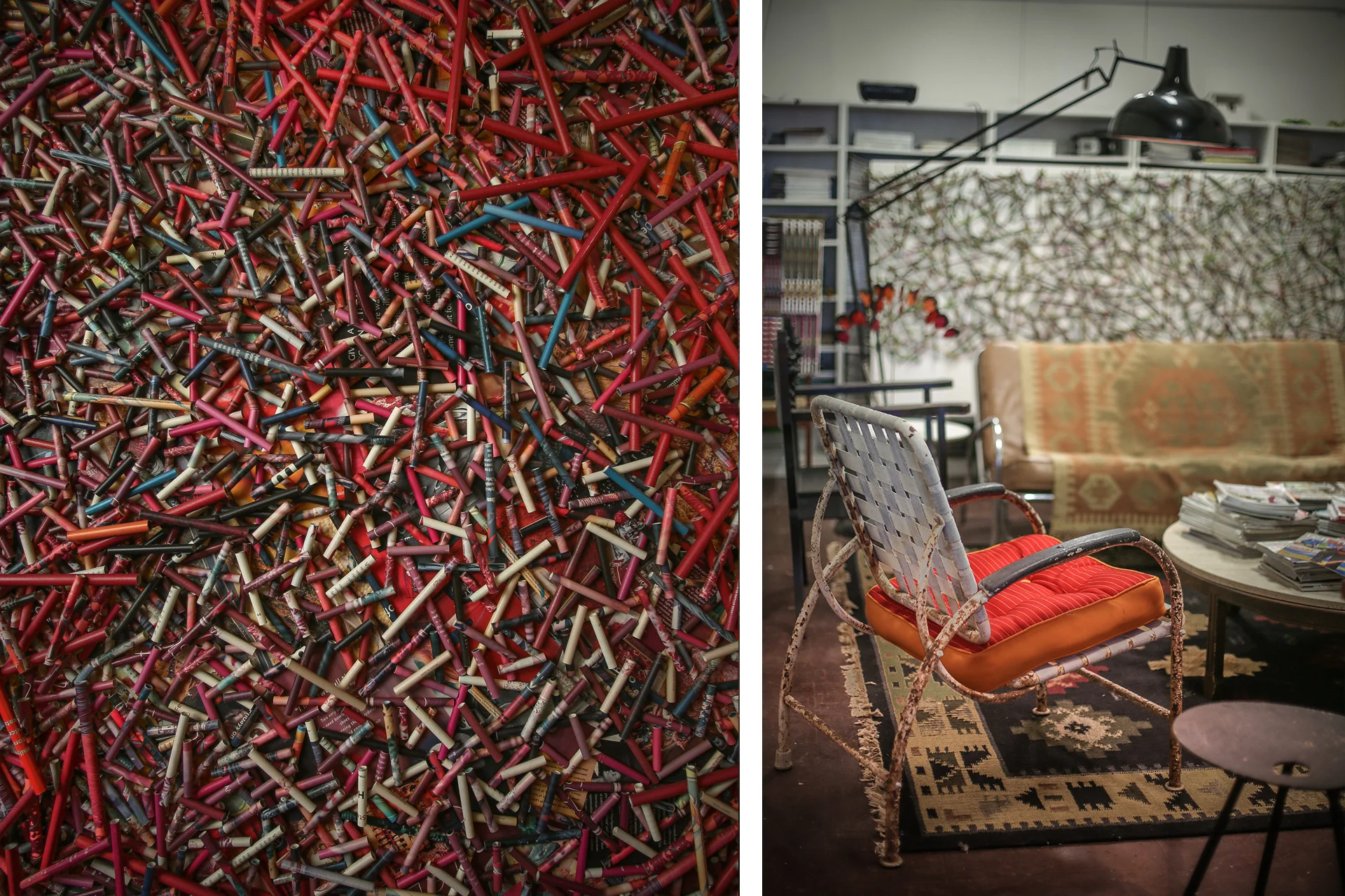 Left: Detail shot. Right: Inside Brantley's studio.