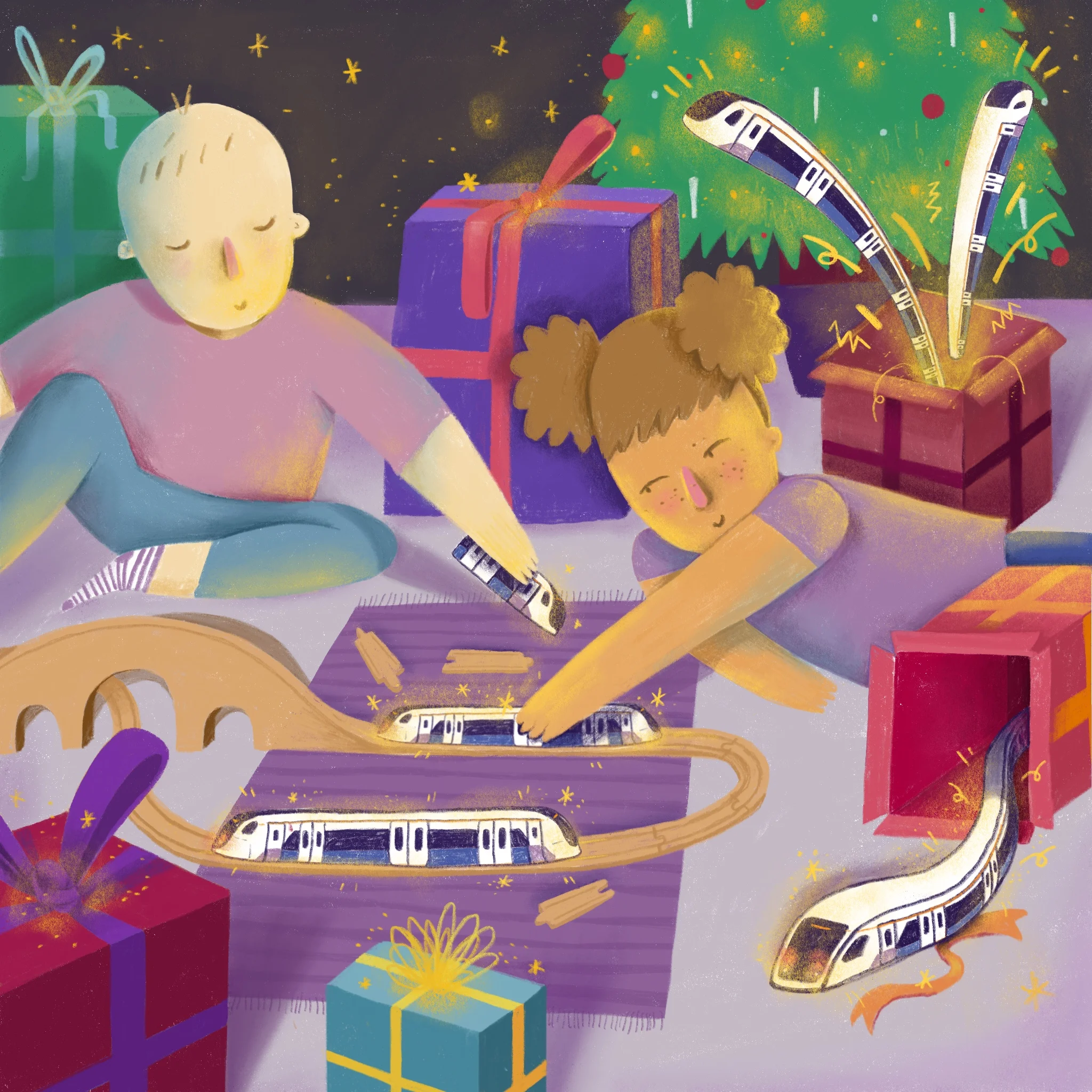 unused image designed for the december opening of the elizabeth line, illustrating the idea of new trains as christmas presents