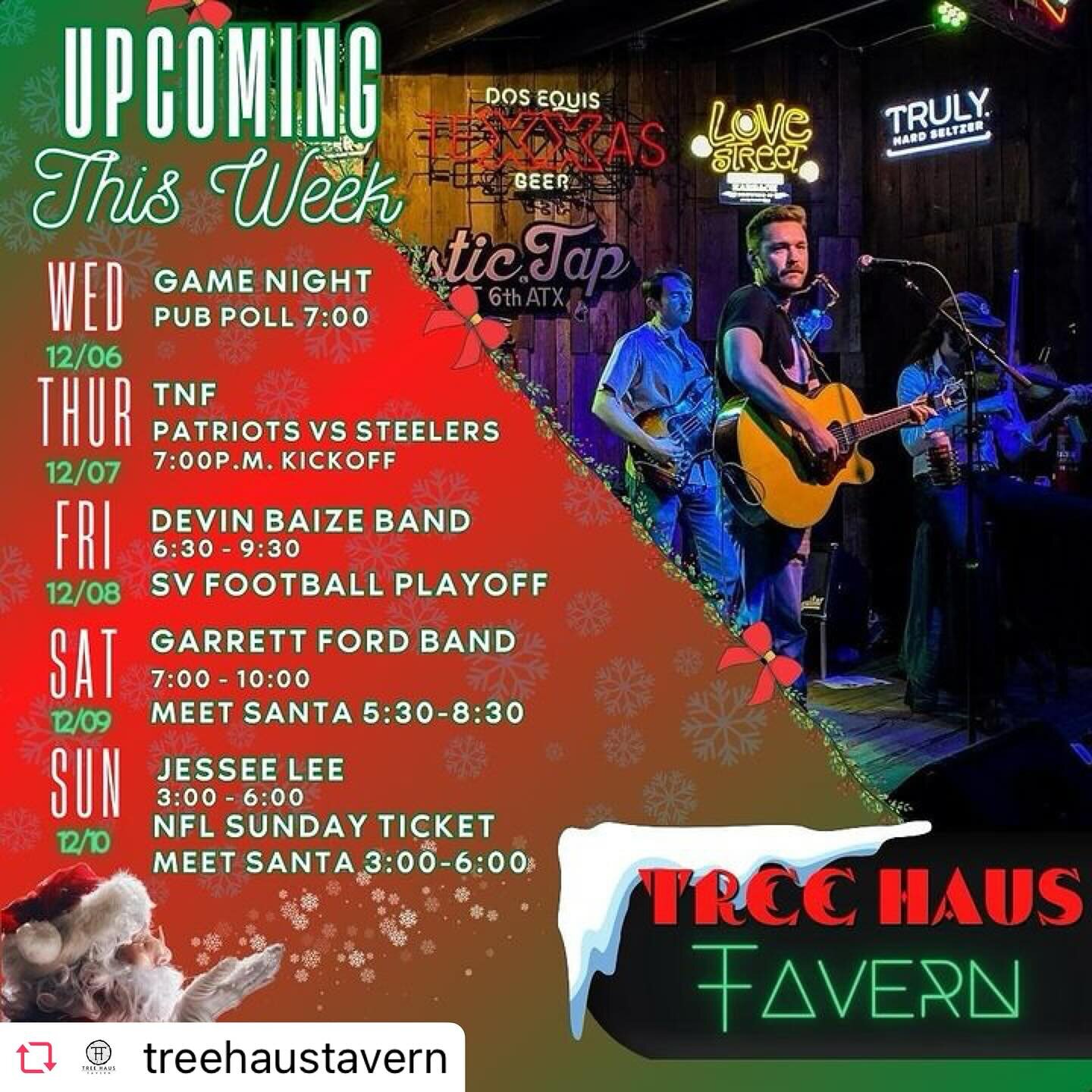 @treehaustavern &ldquo;Join us at Tree Haus Tavern this week for a winning lineup of events! 🍻 

🎲 Game Night on Wednesday
🏈 NFL Football on Thursday and Sunday
🎶 Live Music on Friday, Saturday, and Sunday

Bring the whole family because Santa is