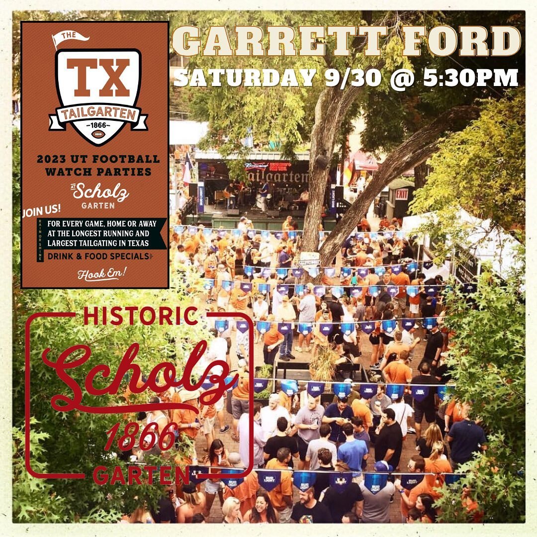 Jumping on the @scholzgarten stage for a set this Saturday right after the Texas/Kansas game. America&rsquo;s oldest beer garten - we gonna have a good time.