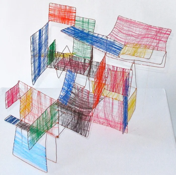 Thread Sculpture 50 x 47 x 45cm, a long copper wire, silk threads and glue The sculpture is made of wire and thread and the bone structure is made with a single piece of cooper wire forming a fragile sculpture. Entirely connecting one piece of wire played with its own weight and balance to stand. Then I colored the sculpture with colorful silk threads.