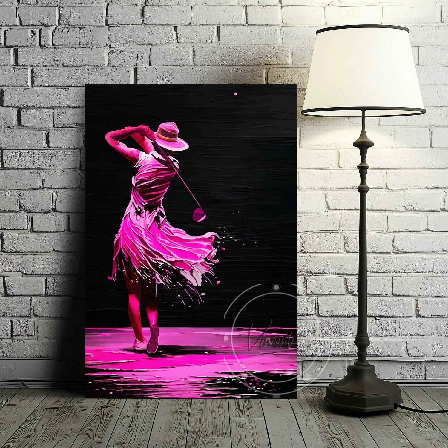 “Golfer in Pink” is a hand-painted digital artwork capturing the elegance and power of a woman golfer mid-swing. Painted in a spatula-inspired style, pink tones contrast against textured grays to create a bold, modern impression of movement and