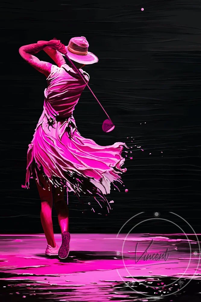    “Golfer in Pink”   is a hand-painted digital artwork capturing the elegance and power of a woman golfer mid-swing. Painted in a spatula-inspired style, pink tones contrast against textured grays to create a bold, modern impression of movement and 