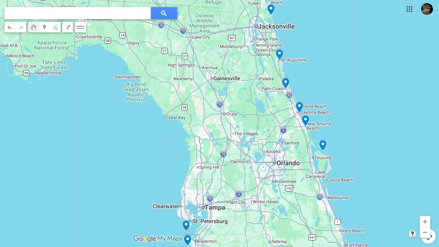 A map with multiple cities marked where the long exposure photos were taken