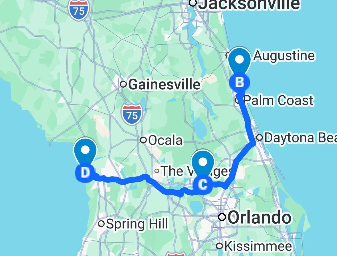 Map from Orlando to Palm Coast to Crystal River
