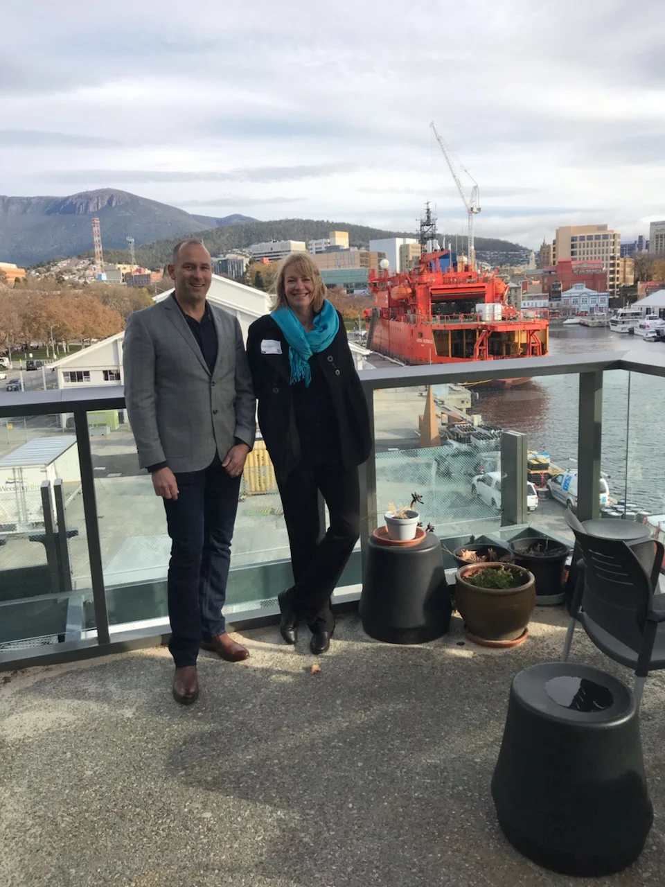 Shaun Deverson, Director at Lighthouse Road with The Antarctic Science Foundation’s Executive Director, Chrissie Trousselot in Hobart.