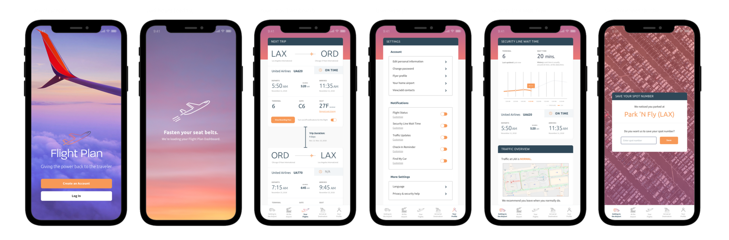 A preview of Flight Plan screens with branding and UI plugged in.