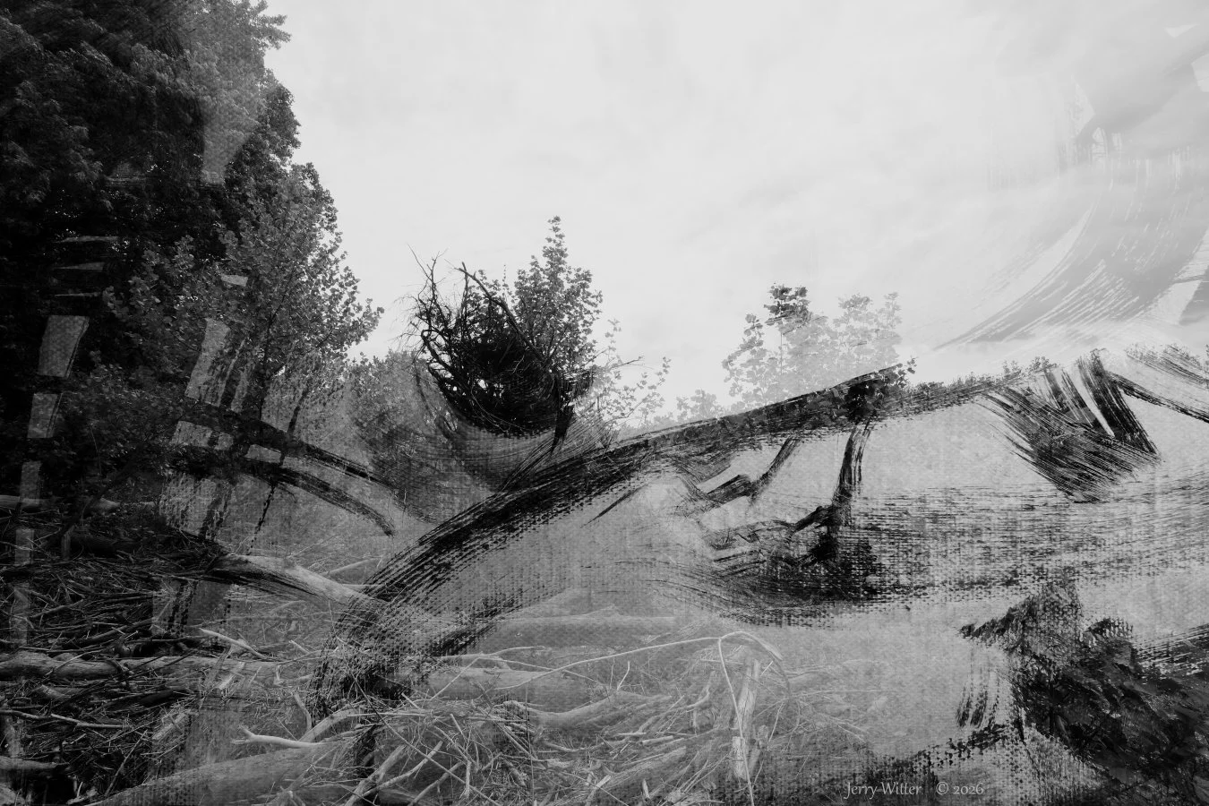 Before The Storm- Double Exposure- My painting exposed over landscape view of river bed