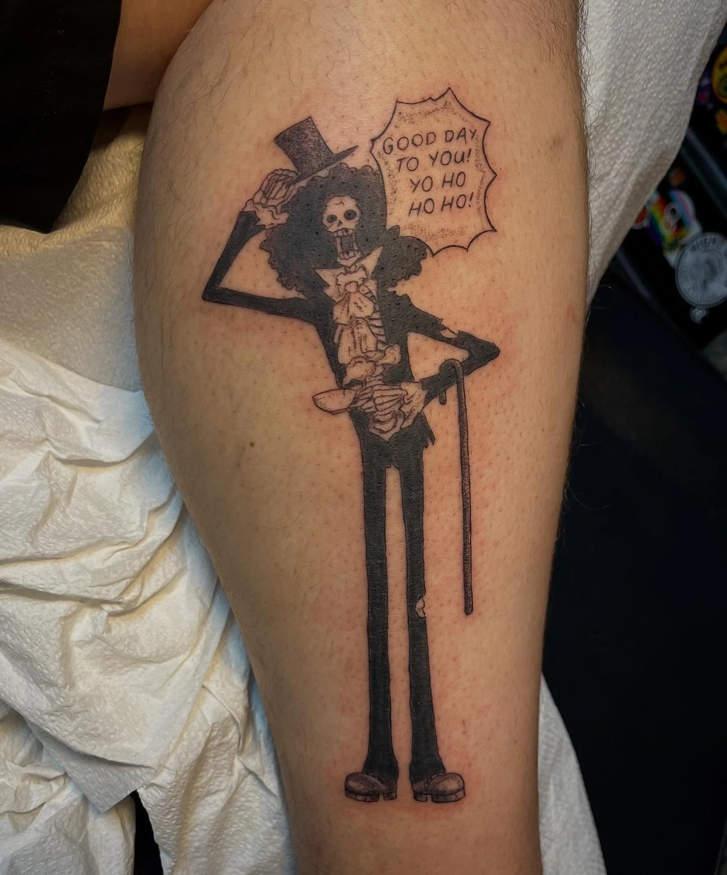 Brook from One Piece. 💀
My books are open until the end of the year! I&rsquo;ll be opening up 2026 at the end of this month. ✨ book ahead if ya can! Saturdays are full until December. 
-
-
-
#brookonepiece #onepiecetattoo #animetattoo #blackandgrey 