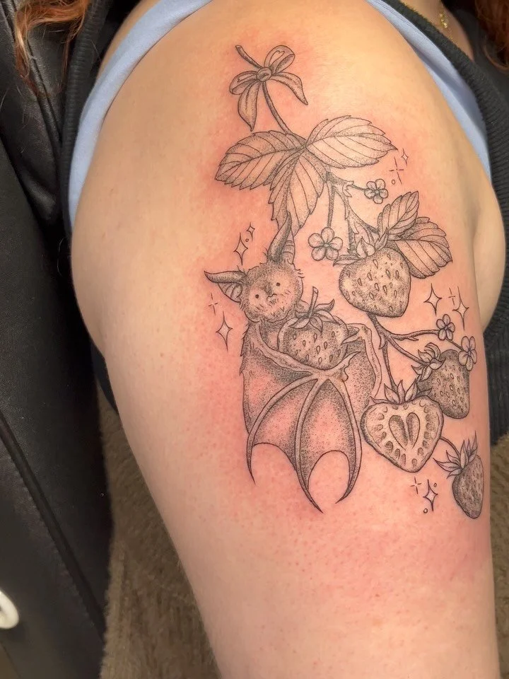 Cute lil&rsquo; bat and strawberries 🍓 🦇 
I have openings end of January -March. ❤️
Link to book in my bio ✨
-
-
-
#huntsmantattooshop #tattooartist #tattooshop #tattoodesign #tattoolove #tattooart #tattoodrawing #battattoo #whimsytattoo #bats #kaw
