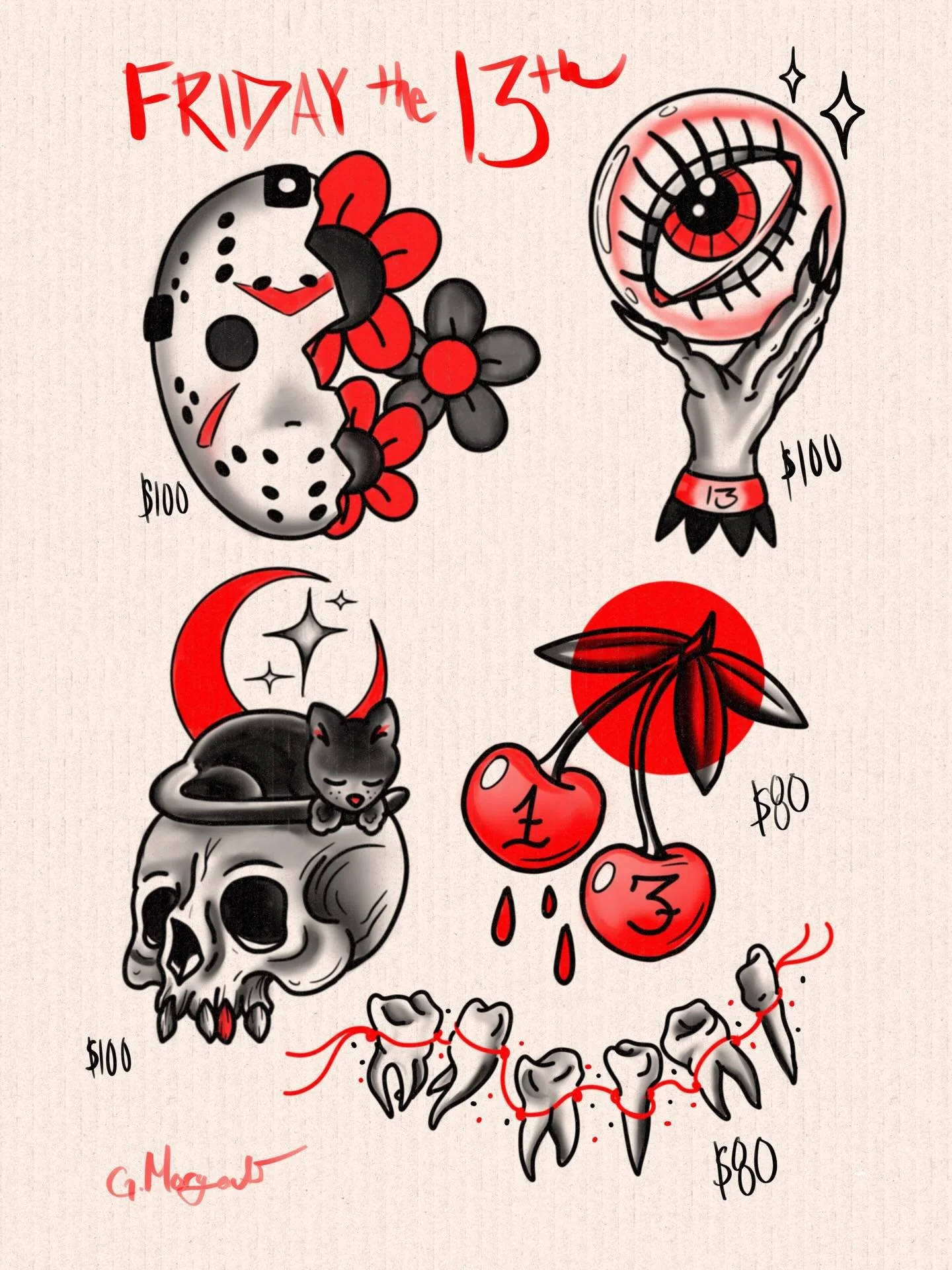Friday the 13th 🩸
9-5pm, I&rsquo;ll be be booking by the hour and if I have openings day of I&rsquo;ll be sure to post them!
Price includes shading, if you don&rsquo;t like the red we can just do all black and grey! About 3-4 inches in size. 
DM me 